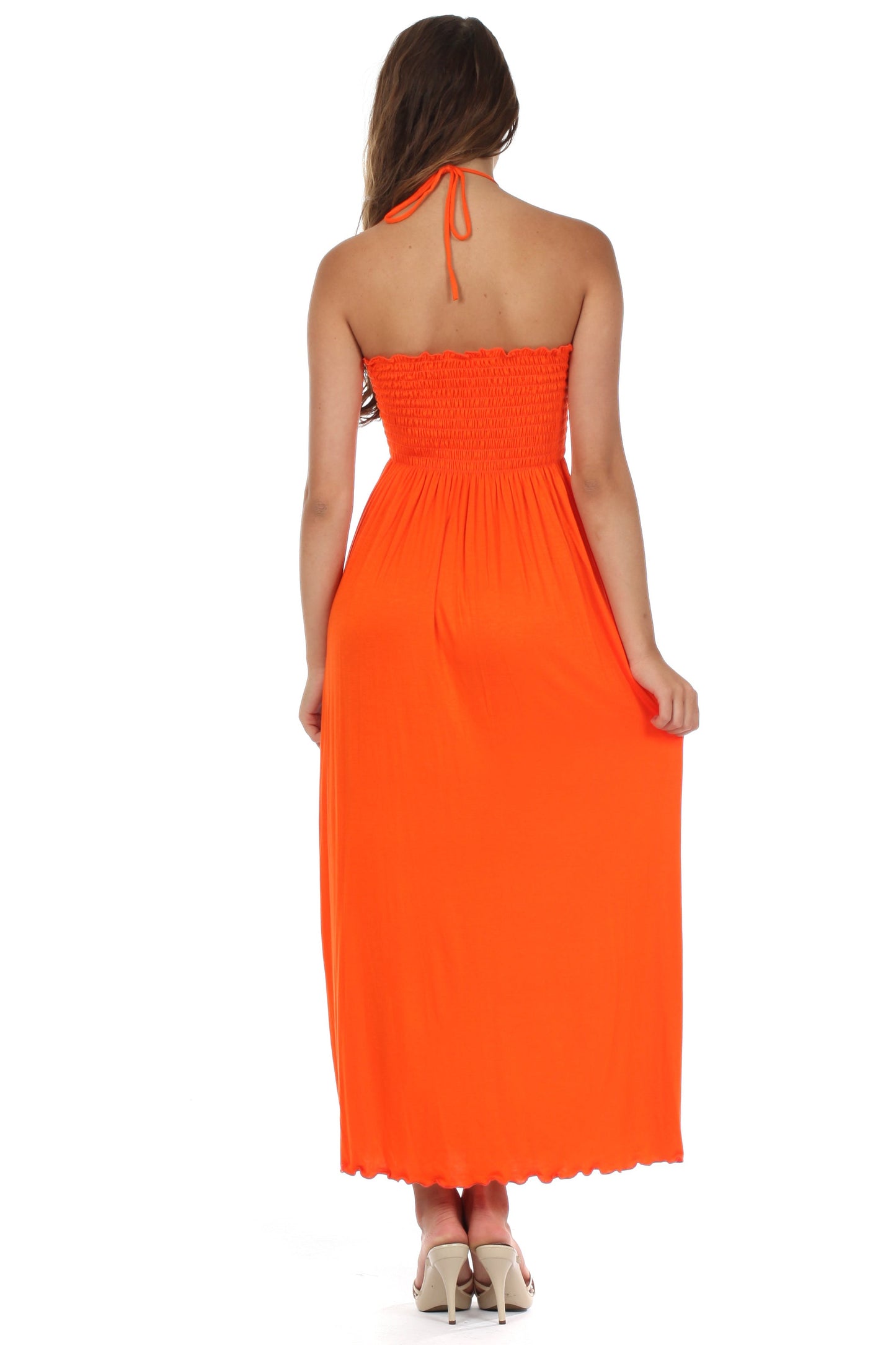 Sakkas Soft Jersey Feel Solid Color Smocked Bodice String Halter Long Dress - Concordia Style Boutique