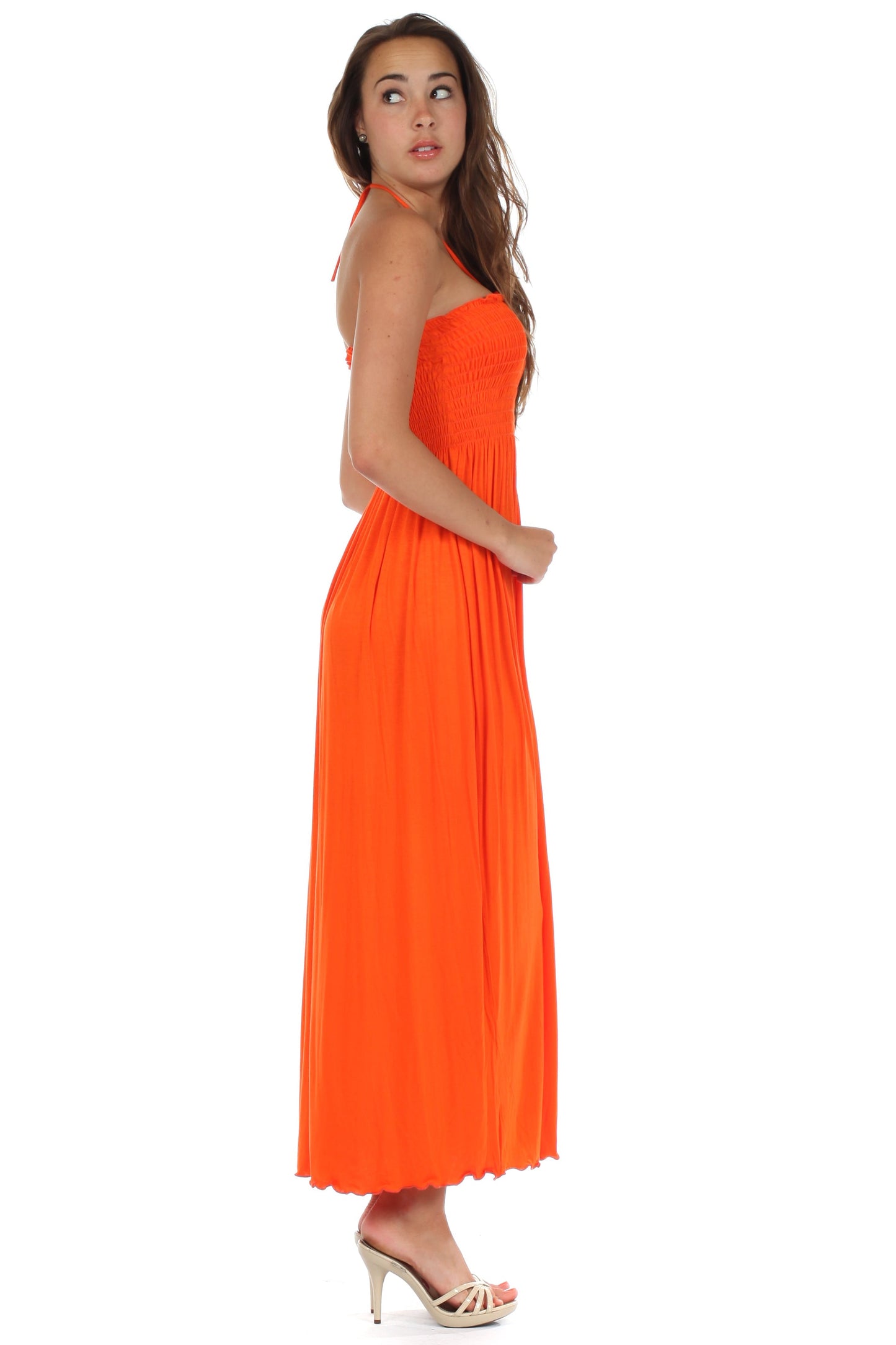 Sakkas Soft Jersey Feel Solid Color Smocked Bodice String Halter Long Dress - Concordia Style Boutique