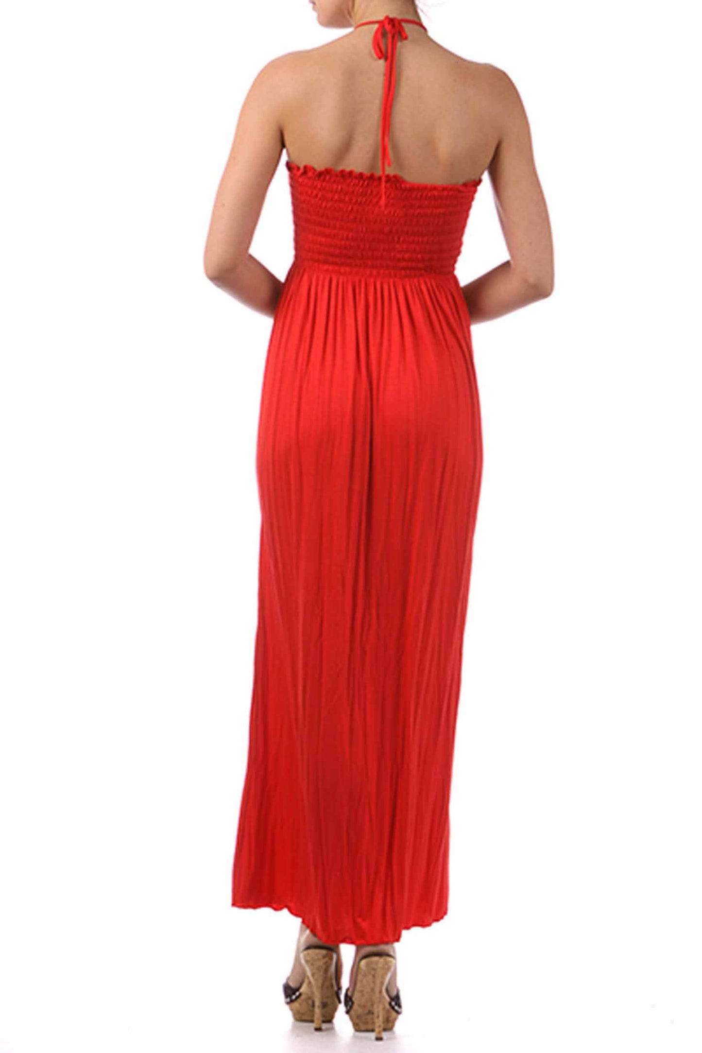 Sakkas Soft Jersey Feel Solid Color Smocked Bodice String Halter Long Dress - Concordia Style Boutique