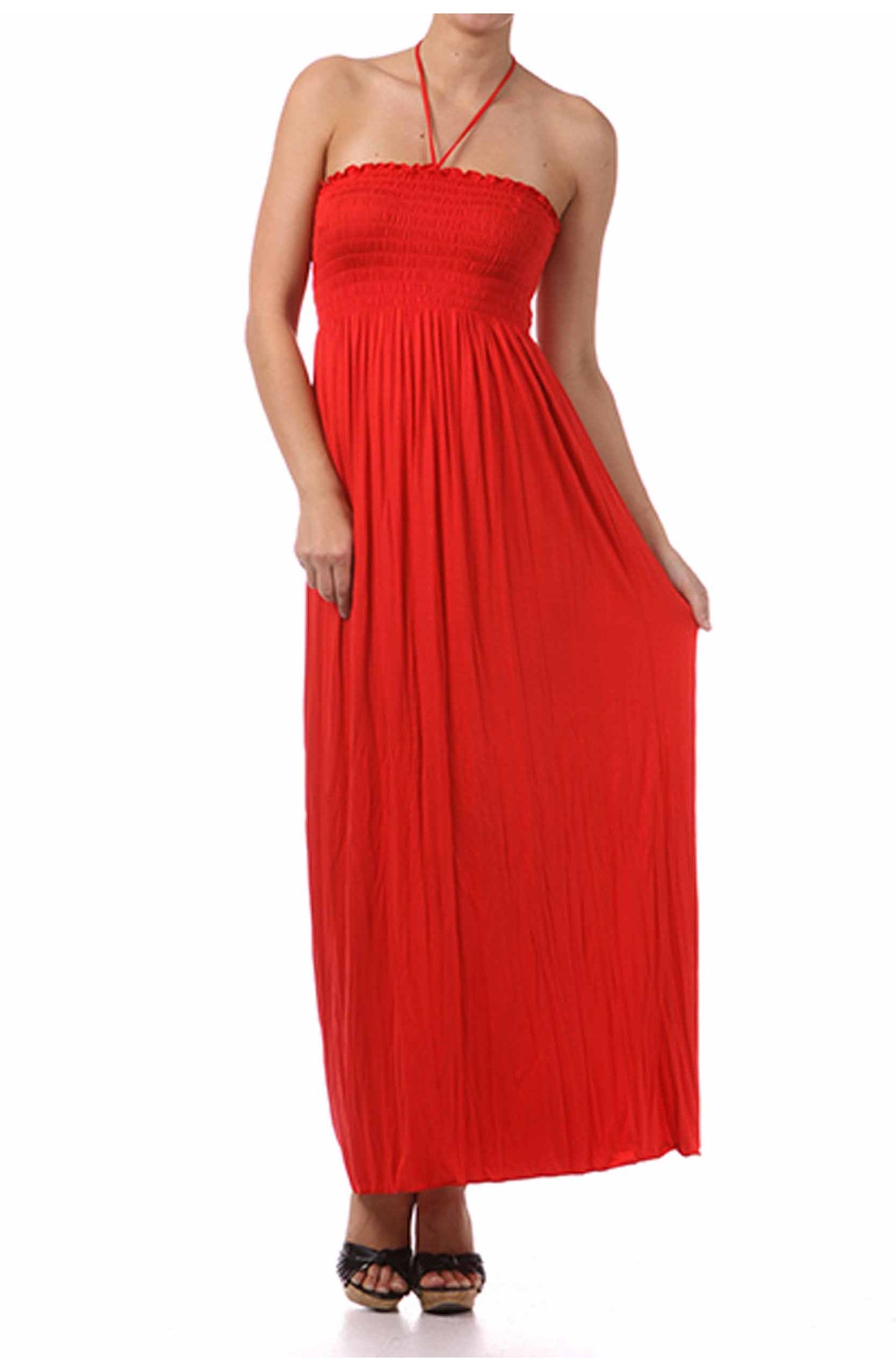 Sakkas Soft Jersey Feel Solid Color Smocked Bodice String Halter Long Dress - Concordia Style Boutique