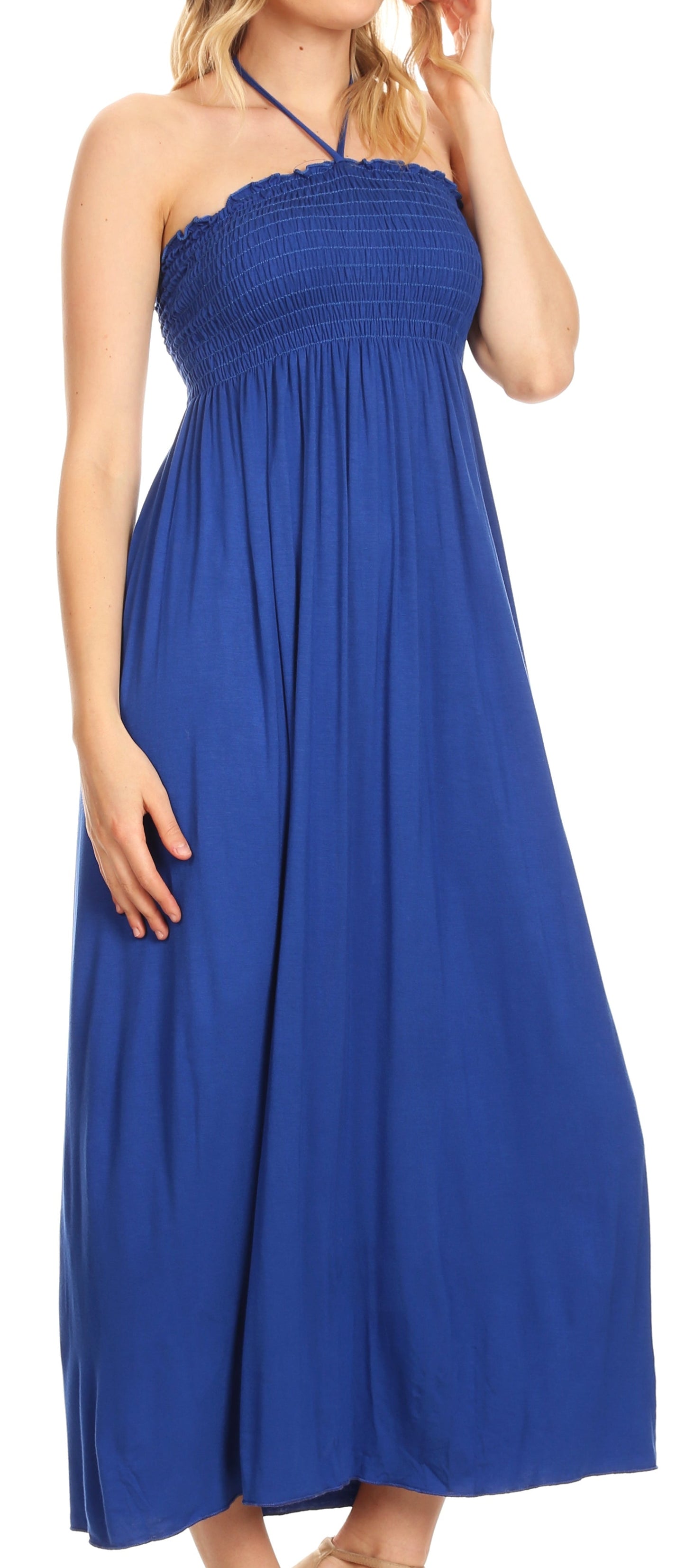 Sakkas Soft Jersey Feel Solid Color Smocked Bodice String Halter Long Dress - Concordia Style Boutique