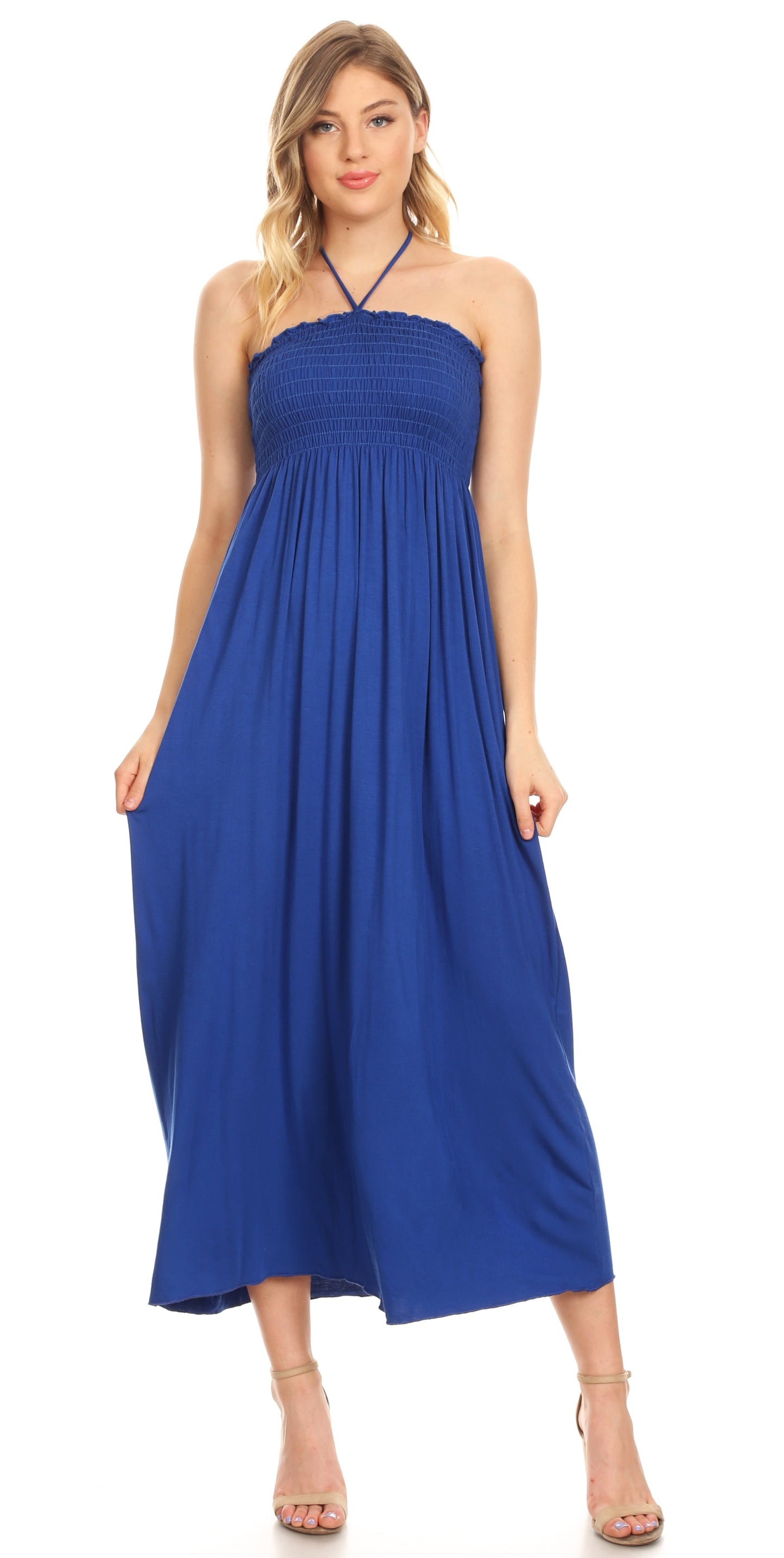 Sakkas Soft Jersey Feel Solid Color Smocked Bodice String Halter Long Dress - Concordia Style Boutique