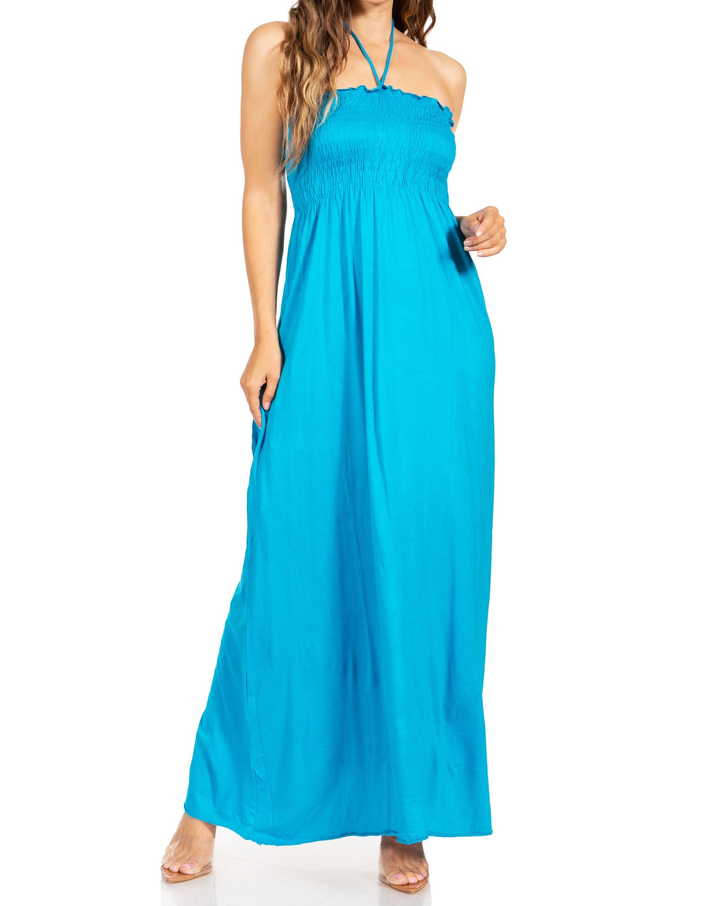 Sakkas Soft Jersey Feel Solid Color Smocked Bodice String Halter Long Dress - Concordia Style Boutique