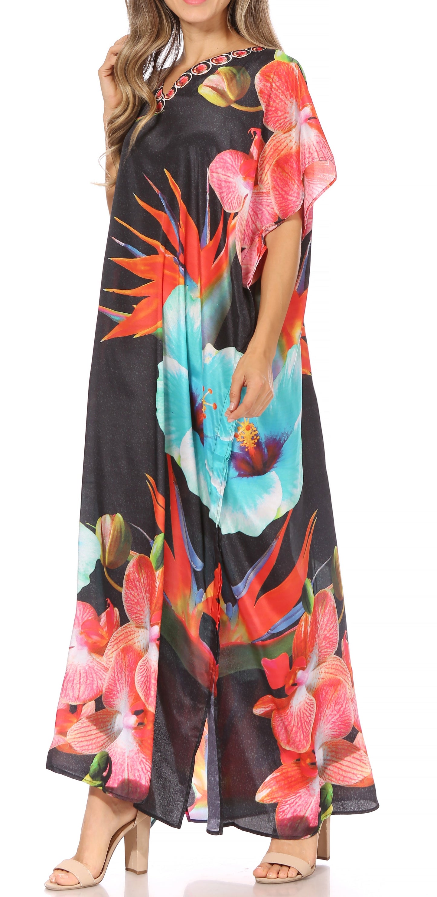 Sakkas Vicky Women's Casual Long Print Short Sleeve Petite Beach Maxi Caftan Dress - Concordia Style Boutique