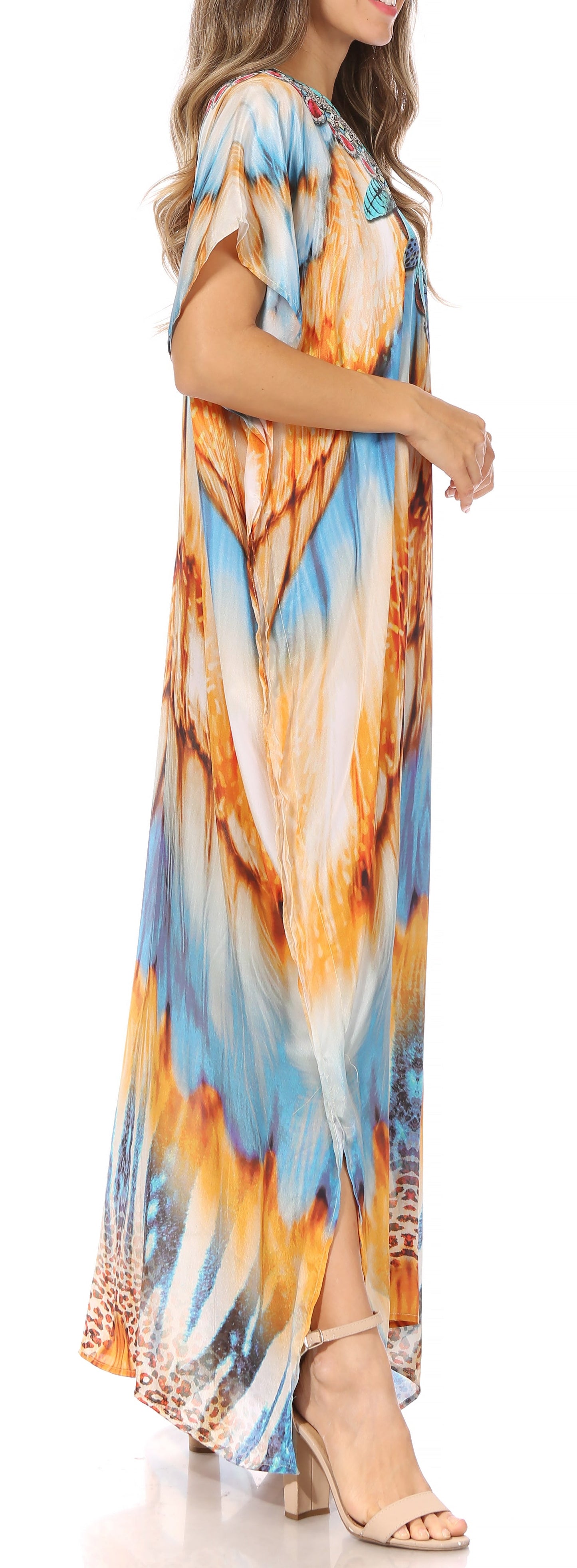 Sakkas Vicky Women's Casual Long Print Short Sleeve Petite Beach Maxi Caftan Dress - Concordia Style Boutique