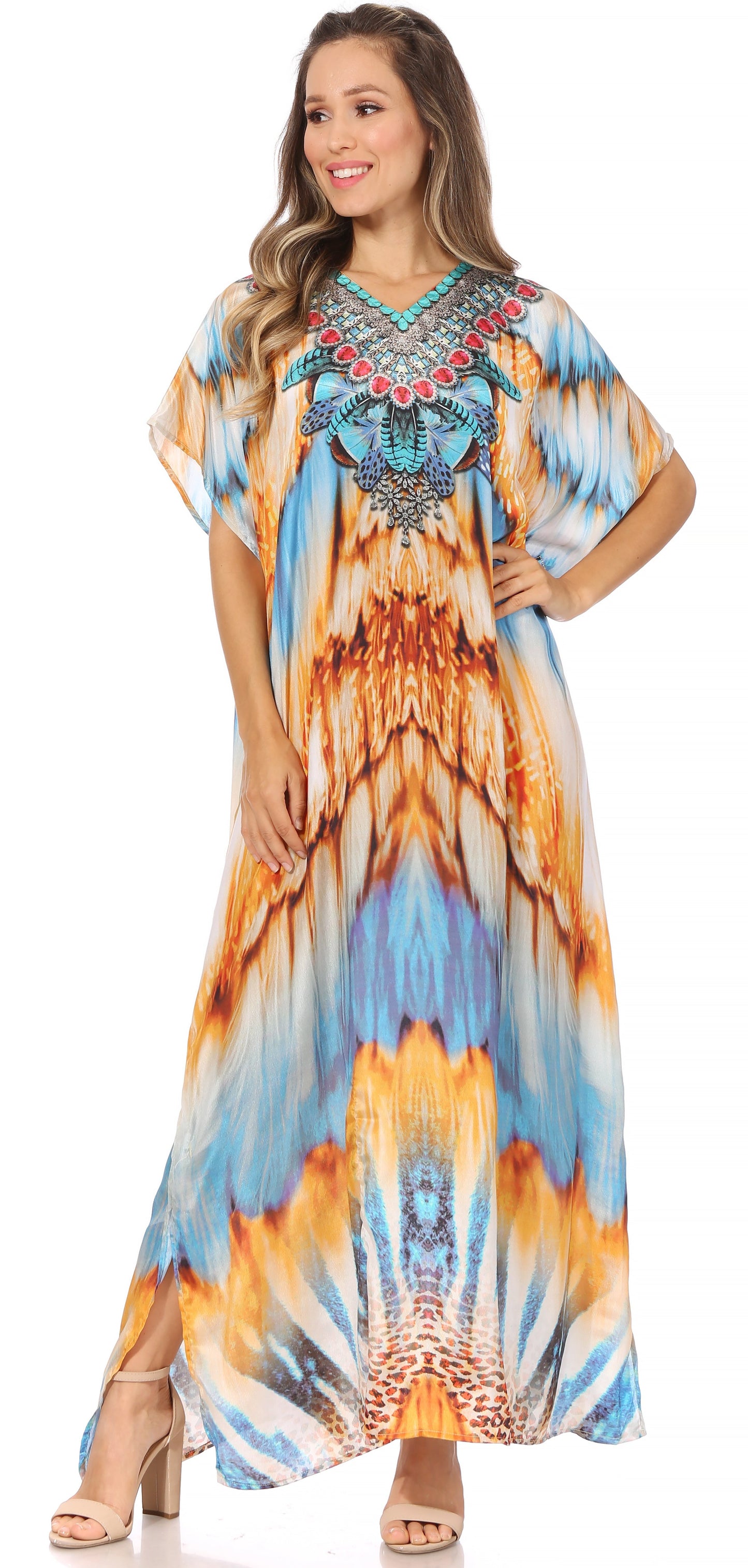 Sakkas Vicky Women's Casual Long Print Short Sleeve Petite Beach Maxi Caftan Dress - Concordia Style Boutique