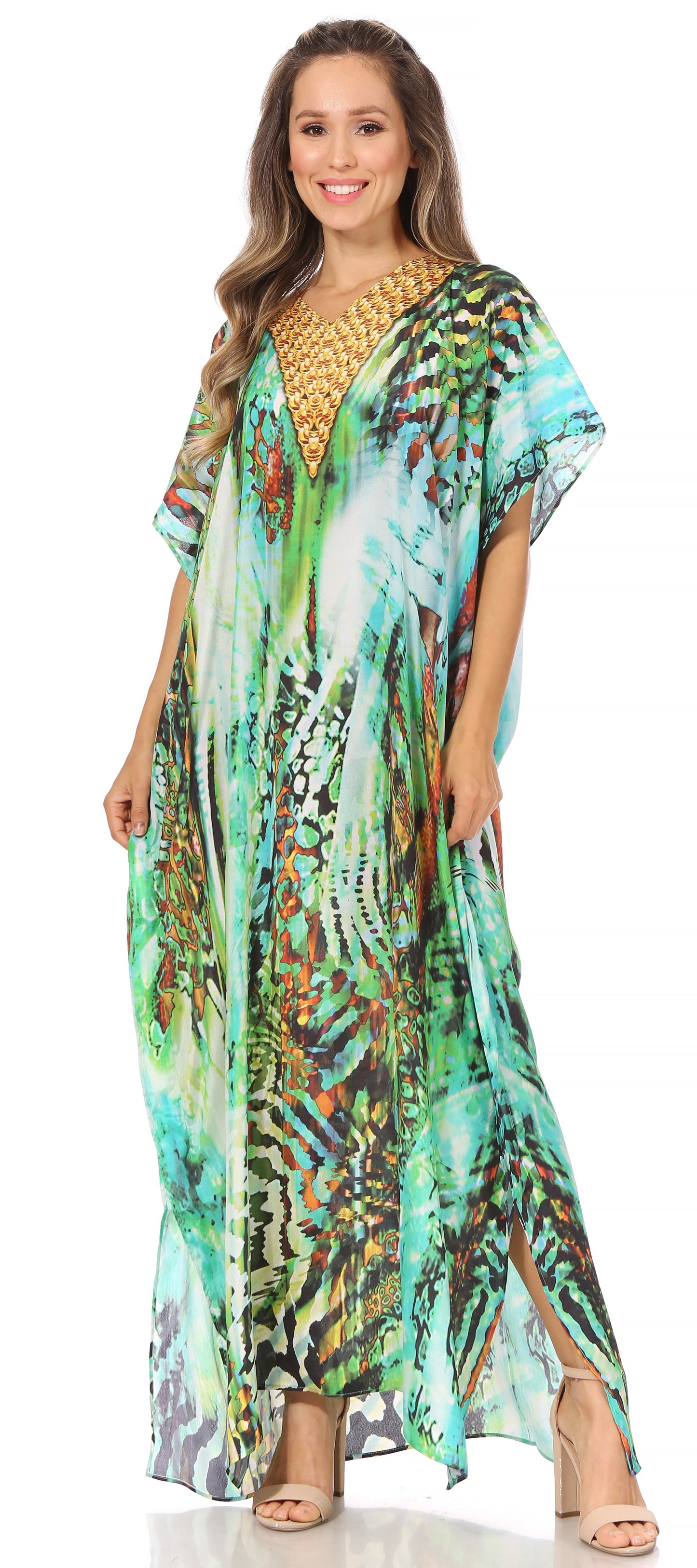 Sakkas Vicky Women's Casual Long Print Short Sleeve Petite Beach Maxi Caftan Dress - Concordia Style Boutique
