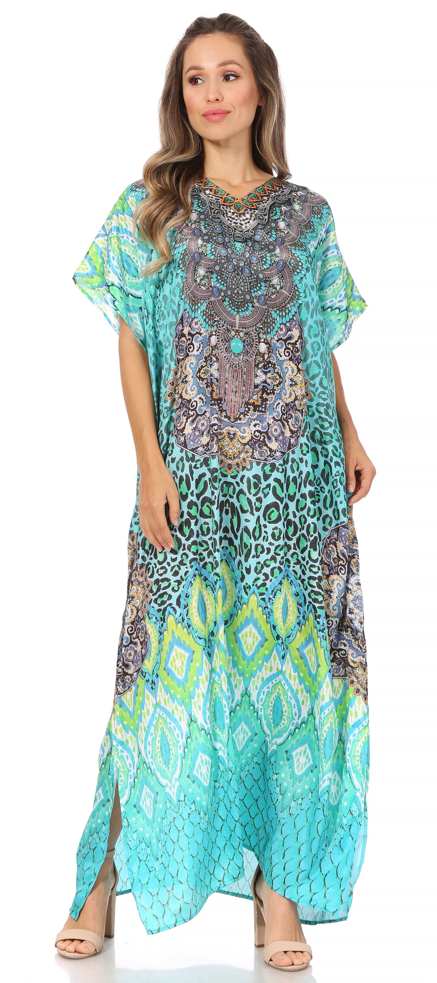 Sakkas Vicky Women's Casual Long Print Short Sleeve Petite Beach Maxi Caftan Dress - Concordia Style Boutique