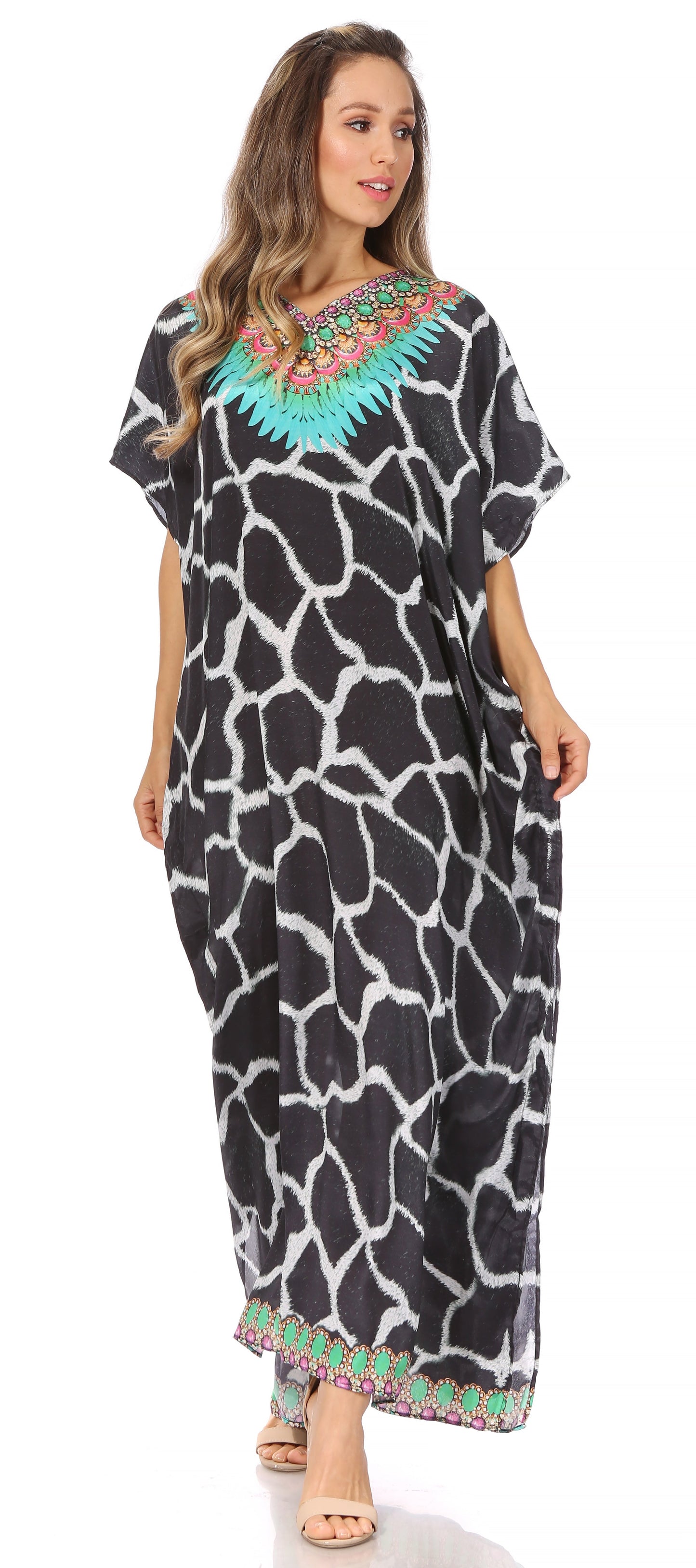 Sakkas Vicky Women's Casual Long Print Short Sleeve Petite Beach Maxi Caftan Dress - Concordia Style Boutique