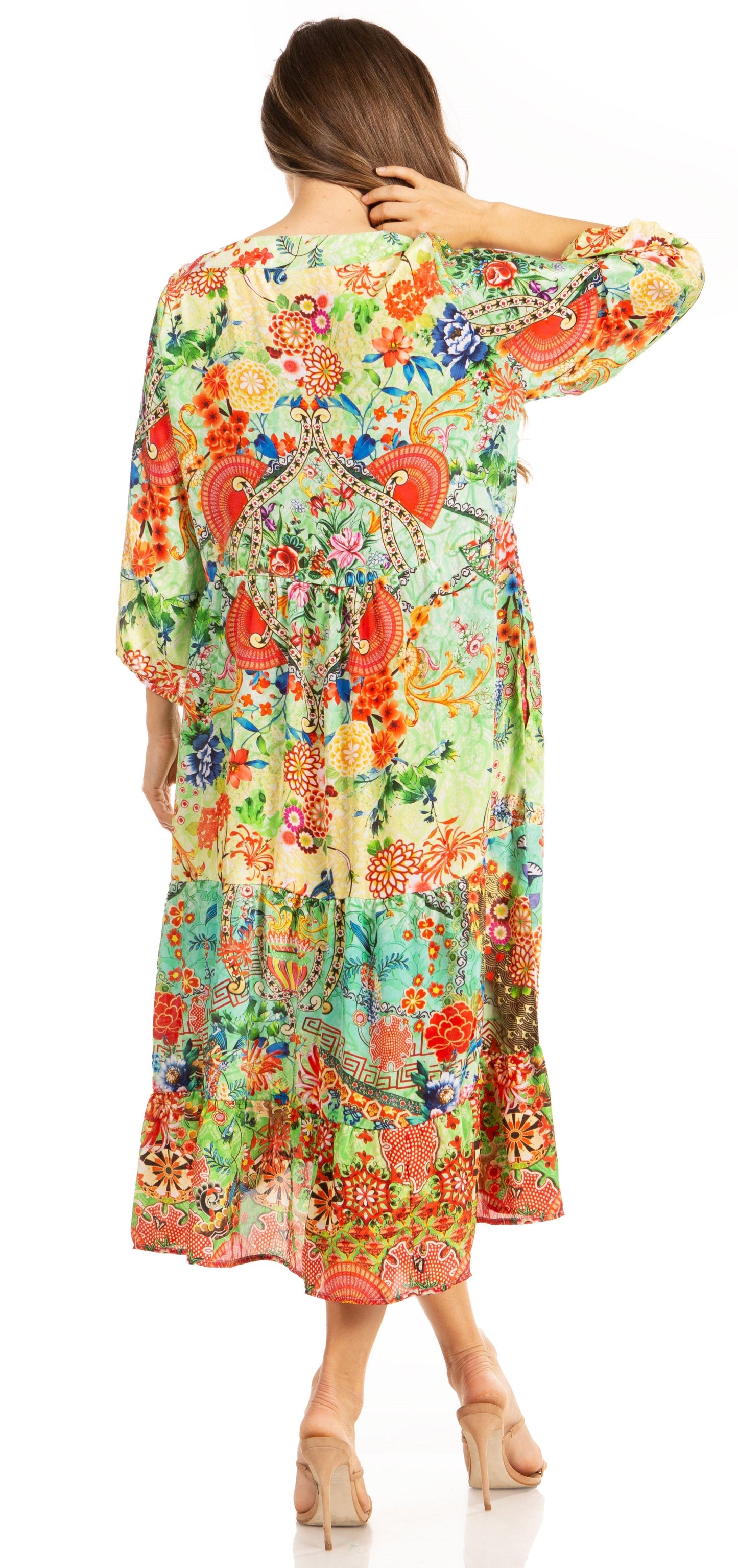 Sakkas Sole Women's Boho Floral Print V-Neck Midi Dress with Long Sleeves - Concordia Style Boutique
