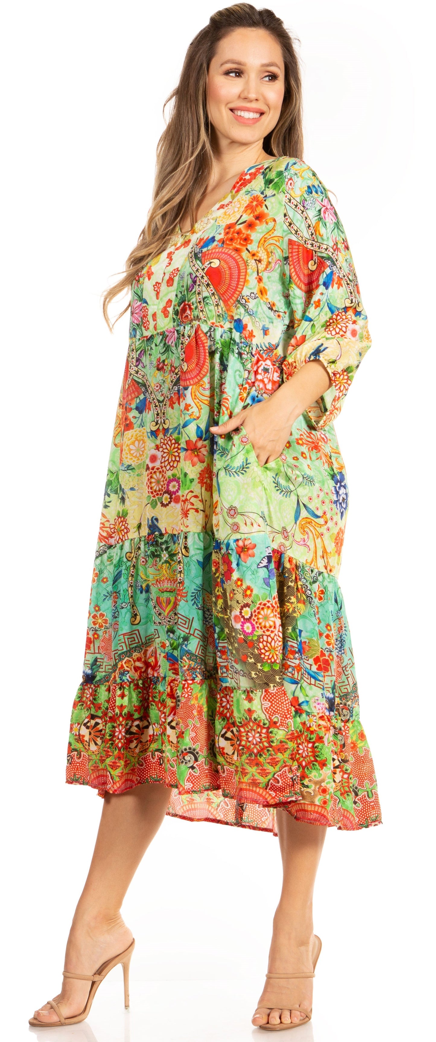 Sakkas Sole Women's Boho Floral Print V-Neck Midi Dress with Long Sleeves - Concordia Style Boutique