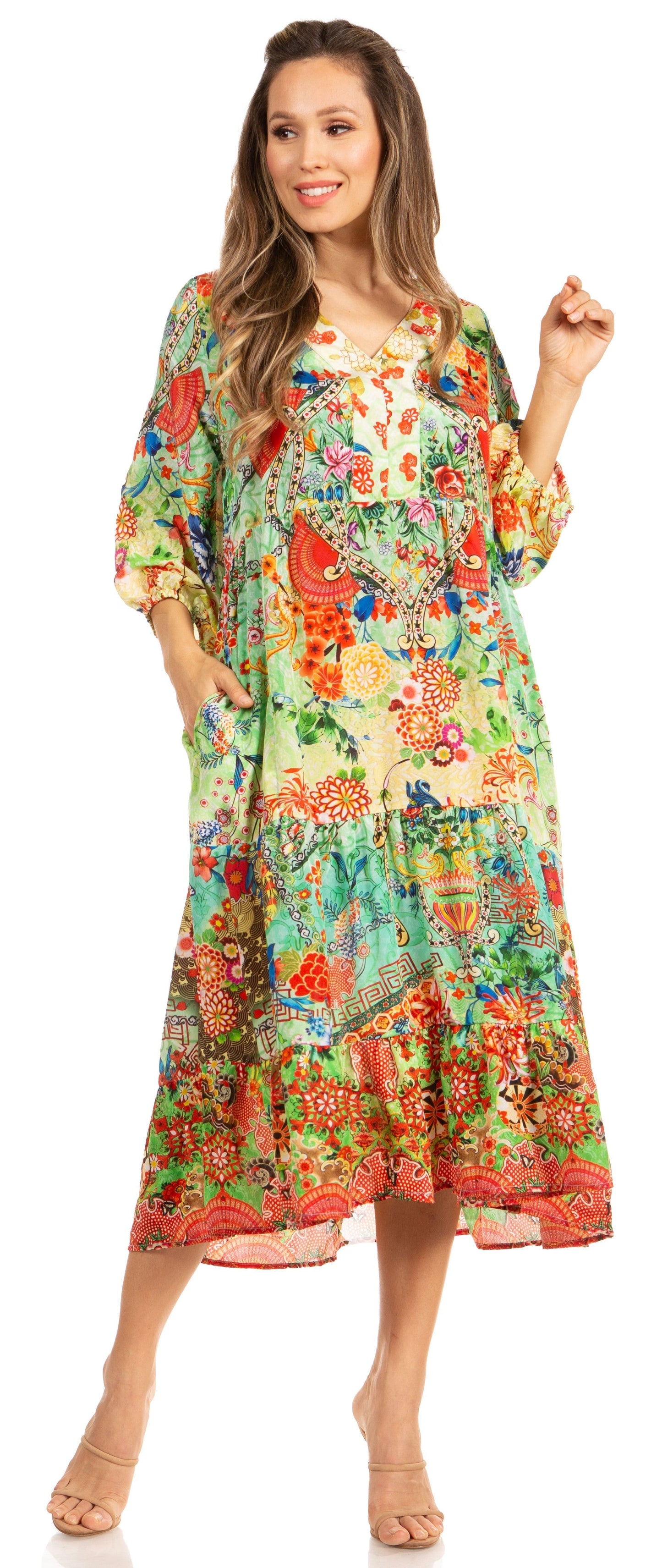 Sakkas Sole Women's Boho Floral Print V-Neck Midi Dress with Long Sleeves - Concordia Style Boutique