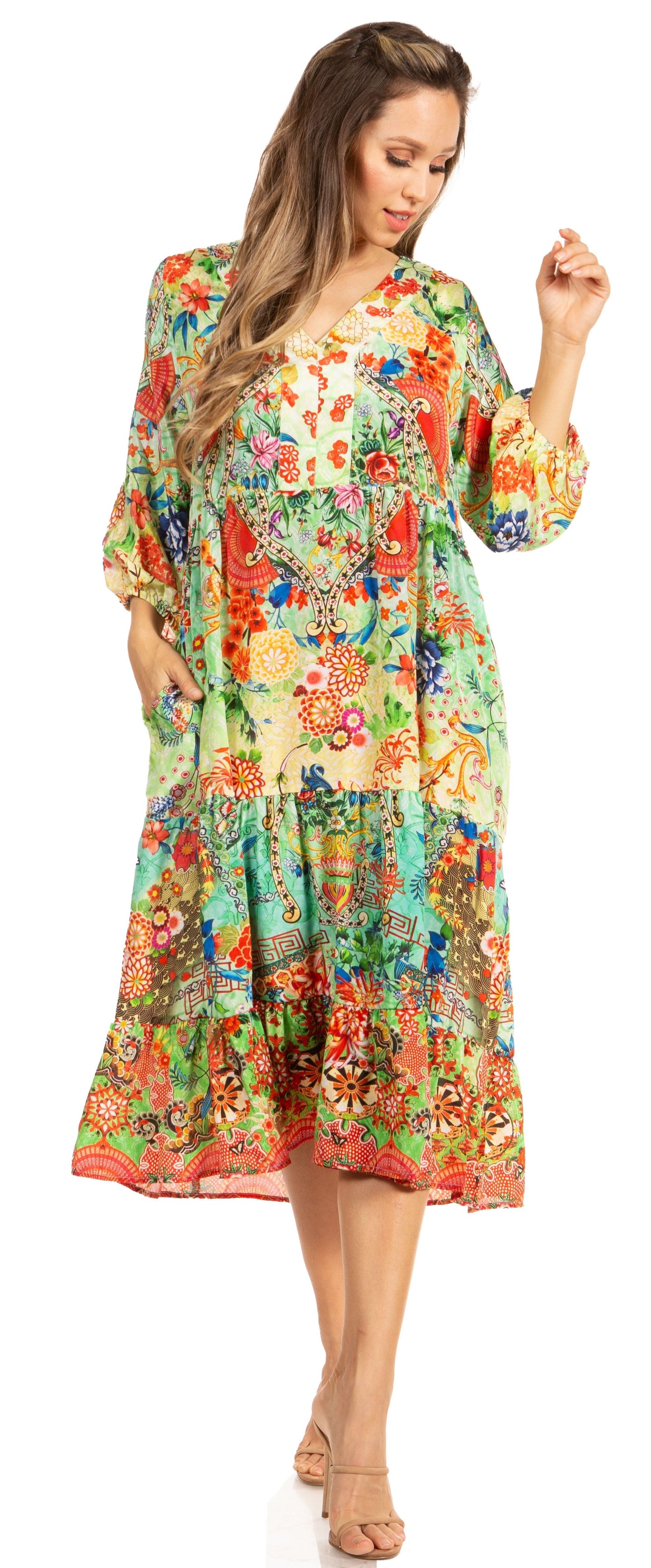 Sakkas Sole Women's Boho Floral Print V-Neck Midi Dress with Long Sleeves - Concordia Style Boutique