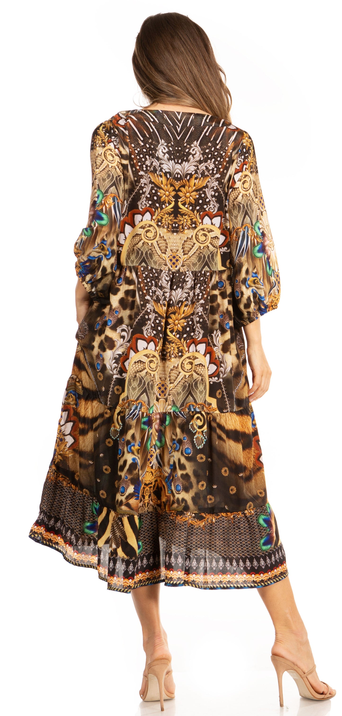 Sakkas Sole Women's Boho Floral Print V-Neck Midi Dress with Long Sleeves - Concordia Style Boutique