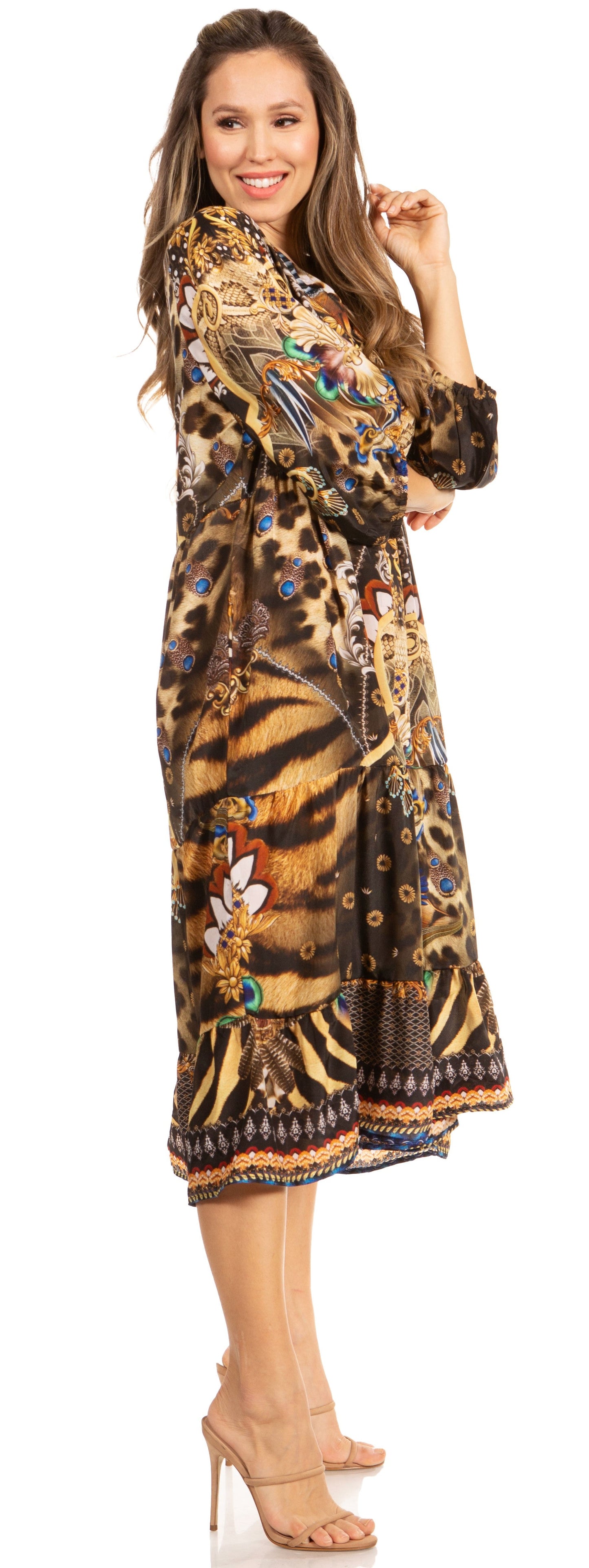 Sakkas Sole Women's Boho Floral Print V-Neck Midi Dress with Long Sleeves - Concordia Style Boutique