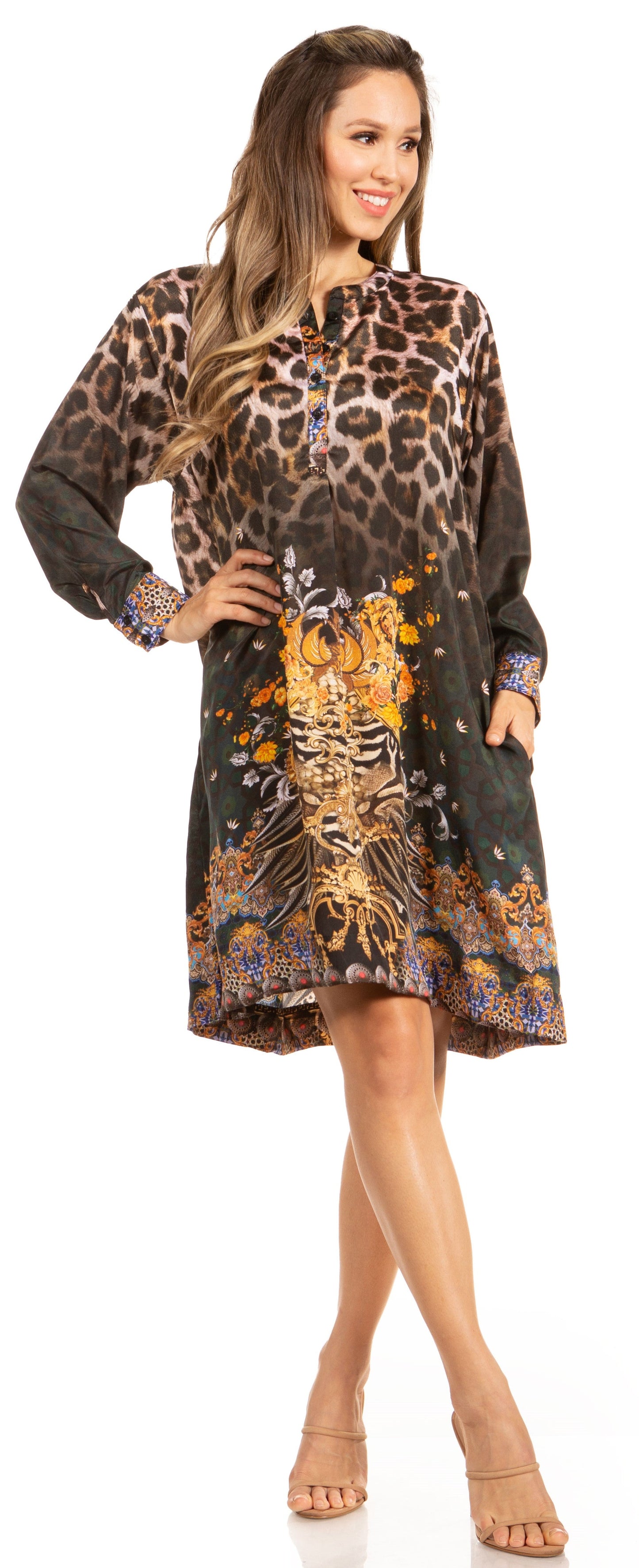 Floral Print Women's Long Sleeve Tunic Dress with Pockets - Sakkas Eloisa - Concordia Style Boutique