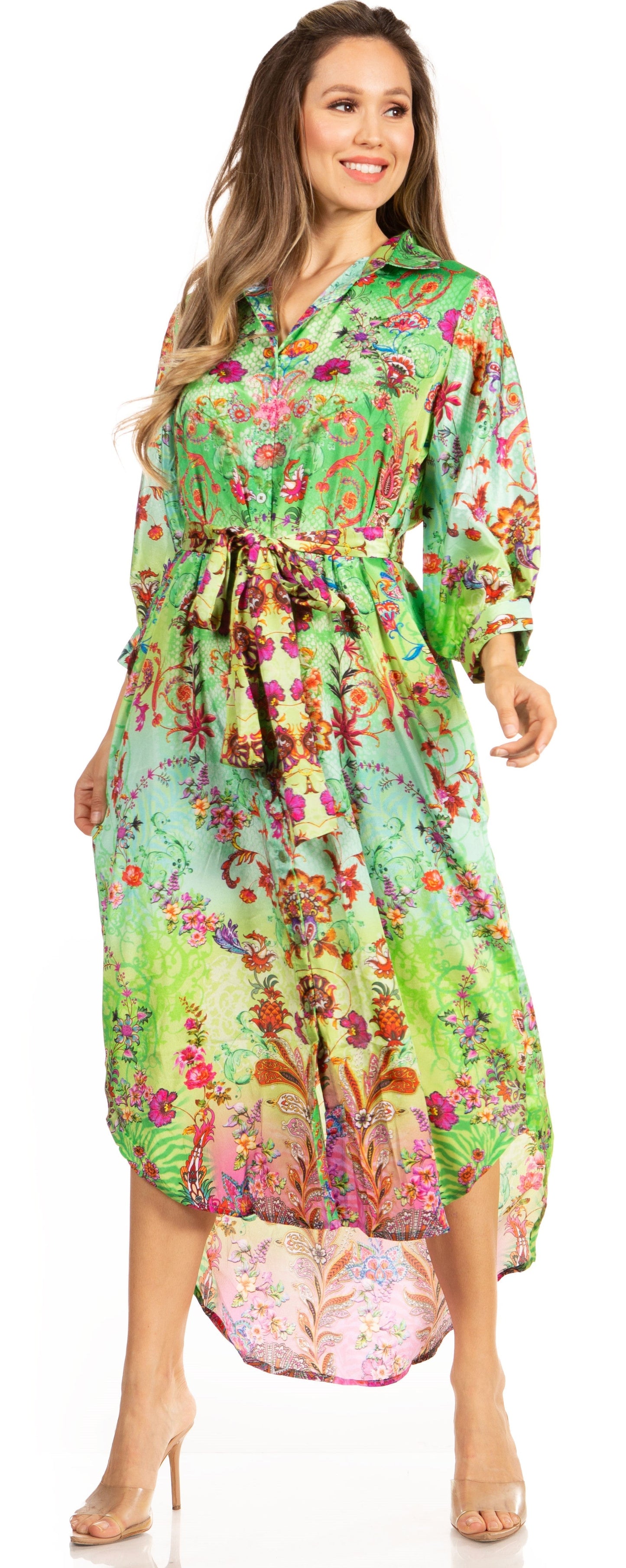 Sakkas Rina Women's Floral Print Maxi Dress with Long Sleeves and Flounce Shirt Design - Concordia Style Boutique