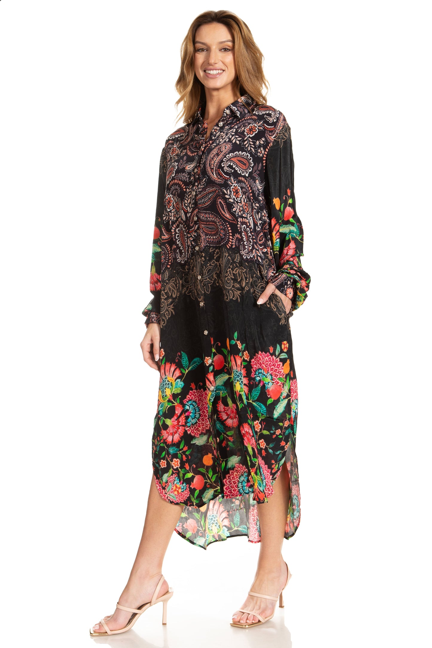 Sakkas Rina Women's Floral Print Maxi Dress with Long Sleeves and Flounce Shirt Design - Concordia Style Boutique