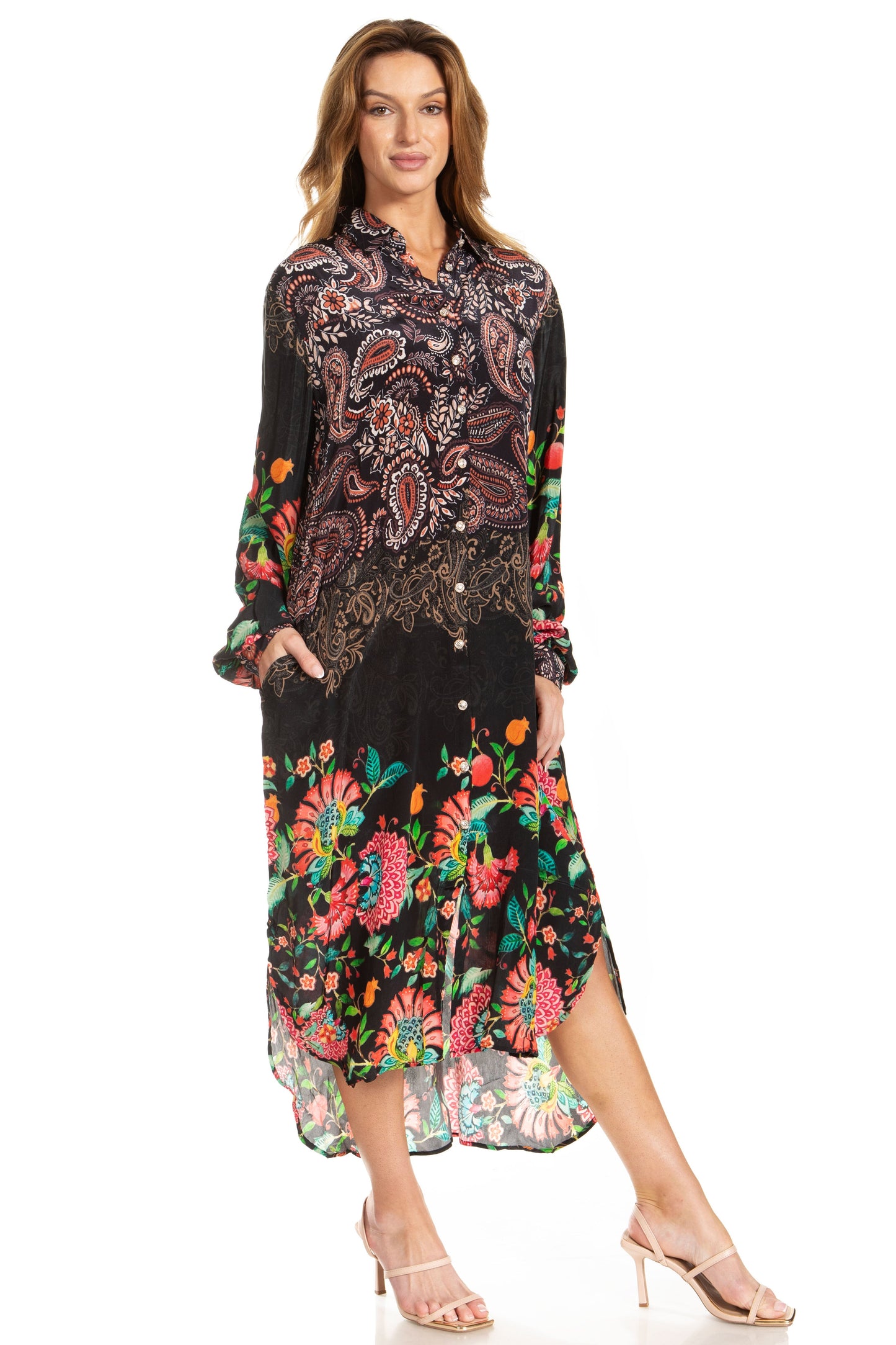 Sakkas Rina Women's Floral Print Maxi Dress with Long Sleeves and Flounce Shirt Design - Concordia Style Boutique