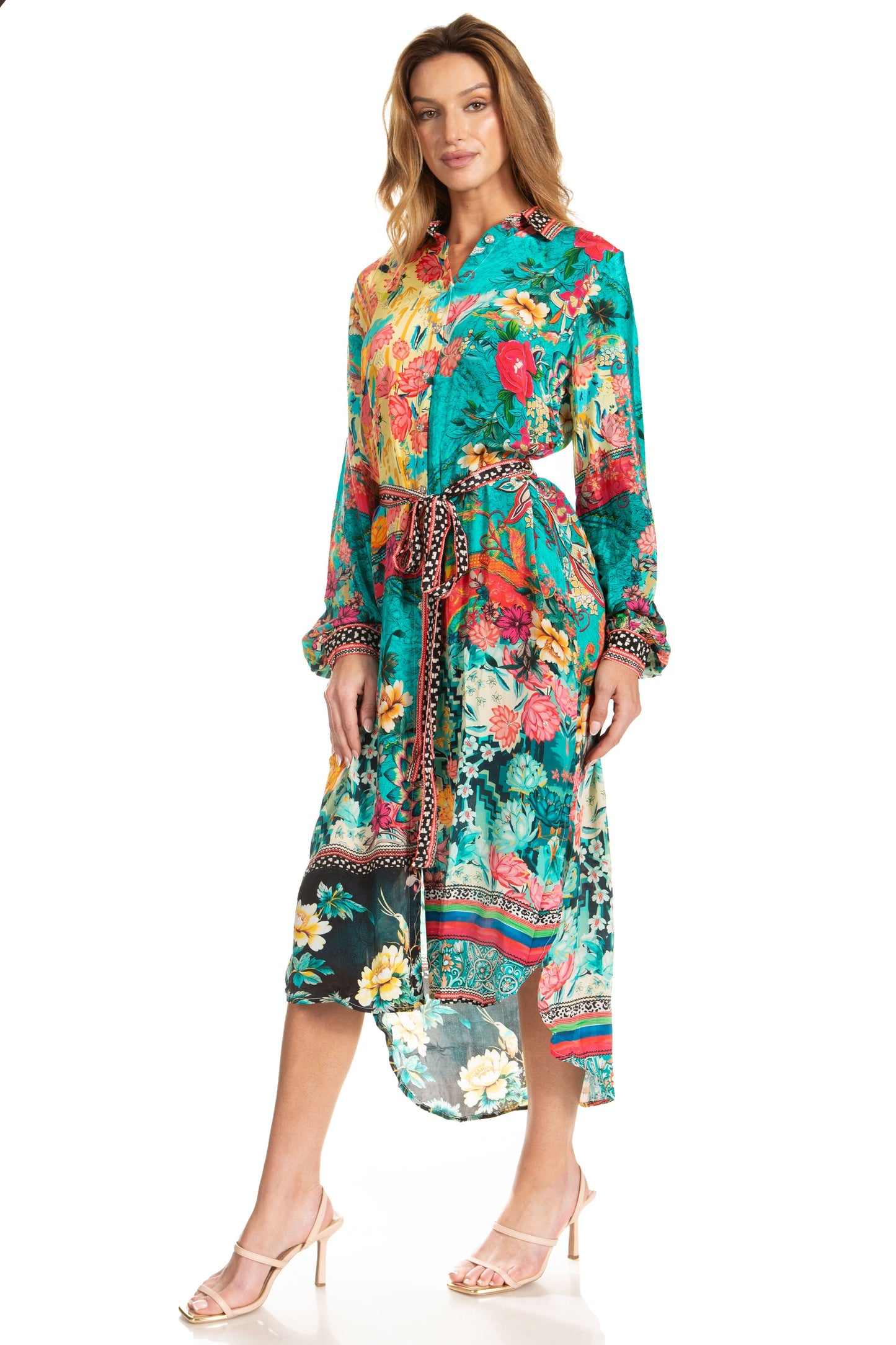 Sakkas Rina Women's Floral Print Maxi Dress with Long Sleeves and Flounce Shirt Design - Concordia Style Boutique