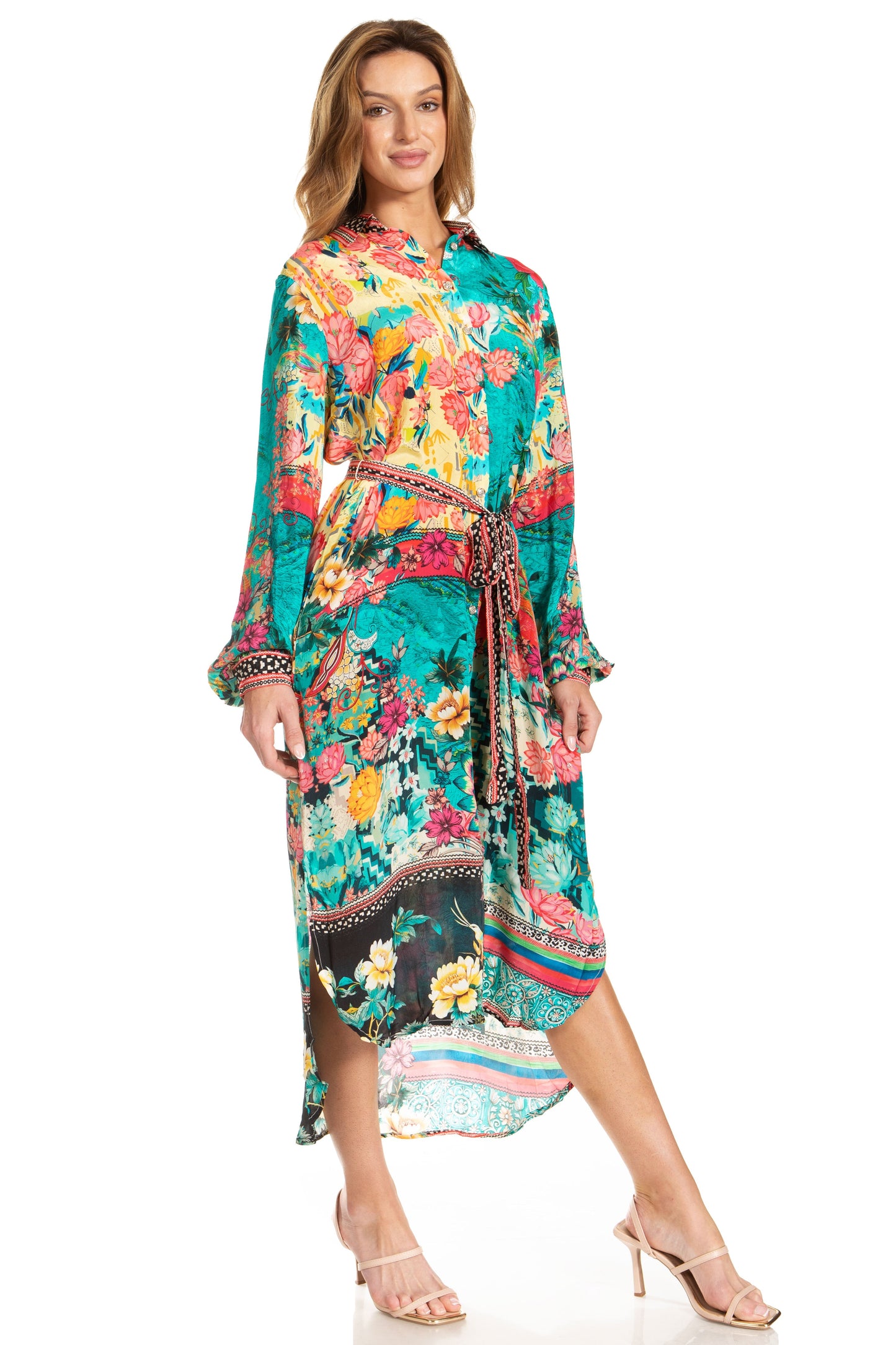 Sakkas Rina Women's Floral Print Maxi Dress with Long Sleeves and Flounce Shirt Design - Concordia Style Boutique
