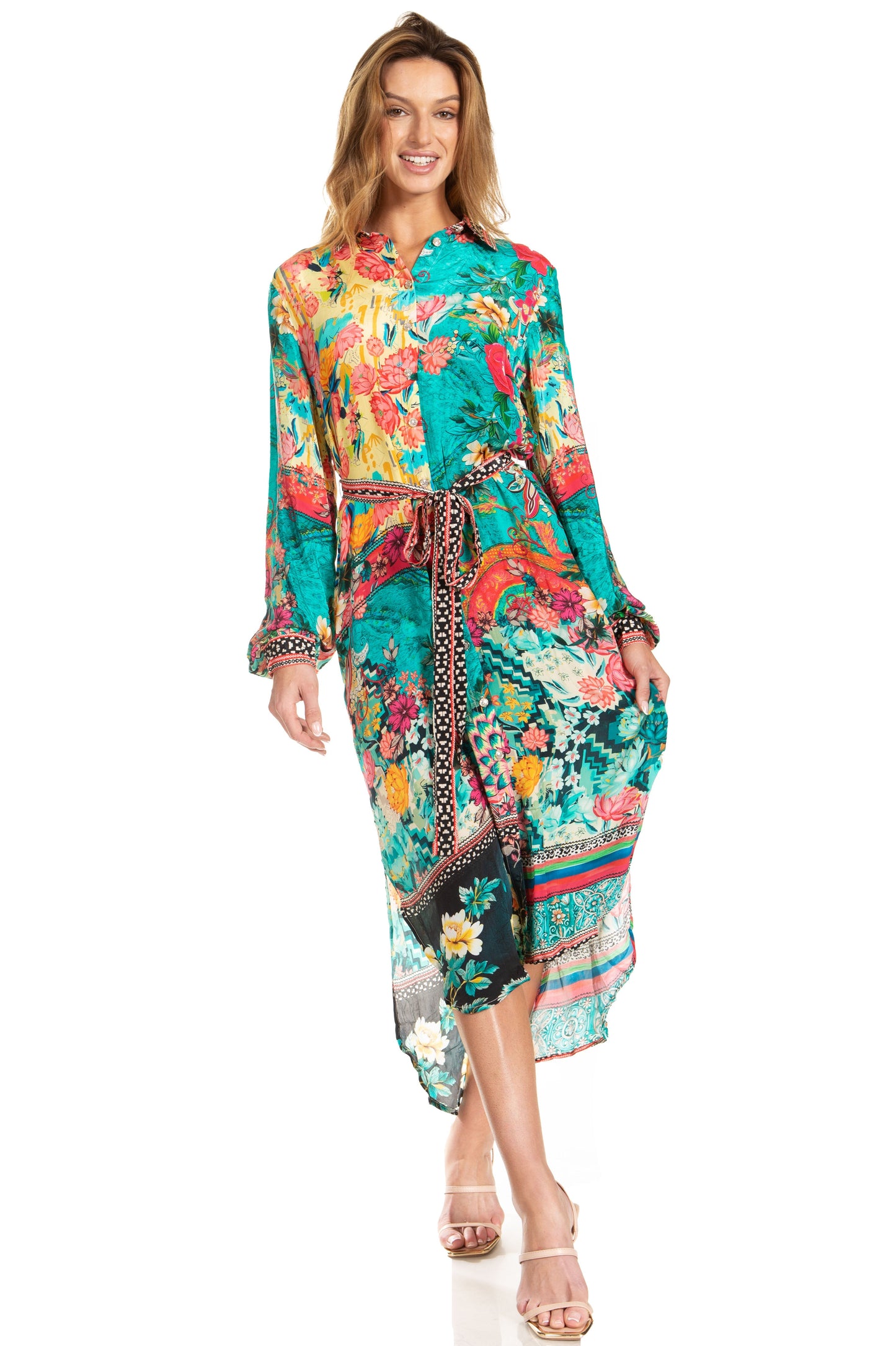 Sakkas Rina Women's Floral Print Maxi Dress with Long Sleeves and Flounce Shirt Design - Concordia Style Boutique