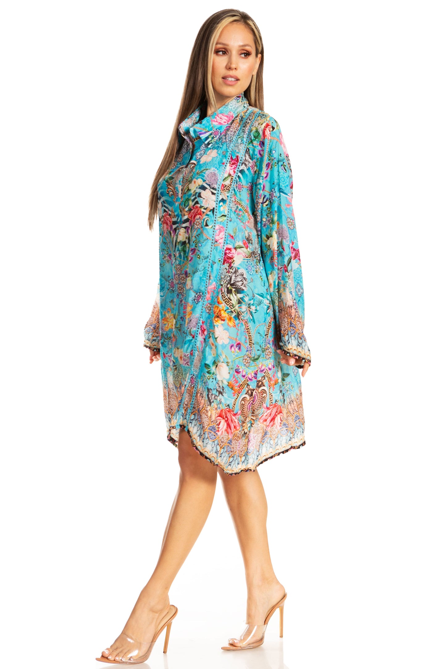 Sakkas Womens Long Sleeves Collared Neck Spring/Summer Short Shirt Dress/Cover-up - Concordia Style Boutique