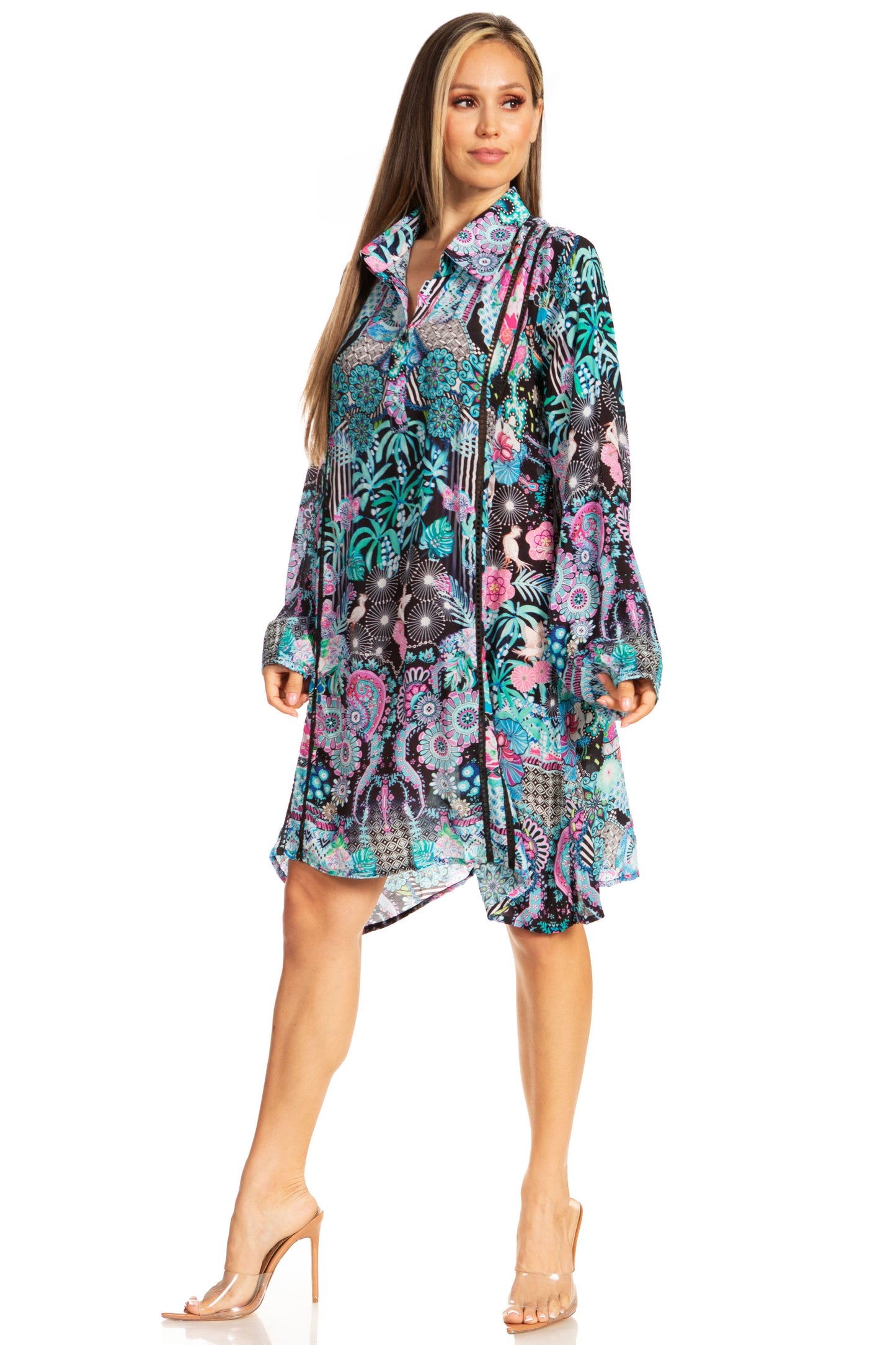 Sakkas Womens Long Sleeves Collared Neck Spring/Summer Short Shirt Dress/Cover-up - Concordia Style Boutique