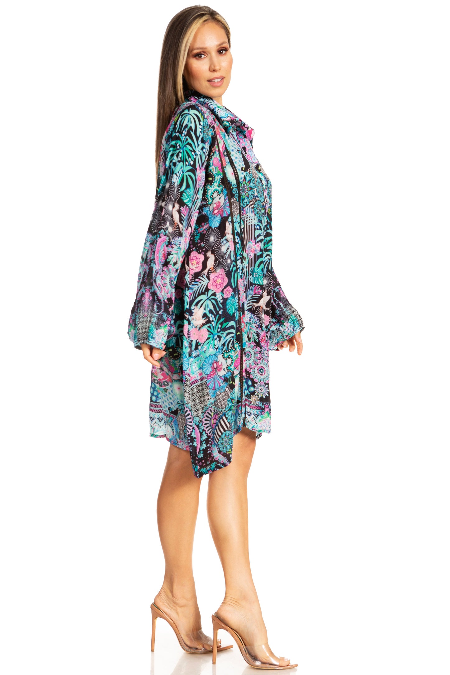 Sakkas Womens Long Sleeves Collared Neck Spring/Summer Short Shirt Dress/Cover-up - Concordia Style Boutique
