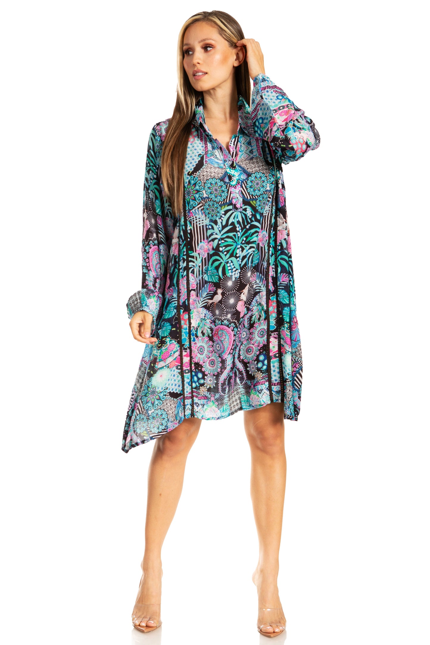 Sakkas Womens Long Sleeves Collared Neck Spring/Summer Short Shirt Dress/Cover-up - Concordia Style Boutique