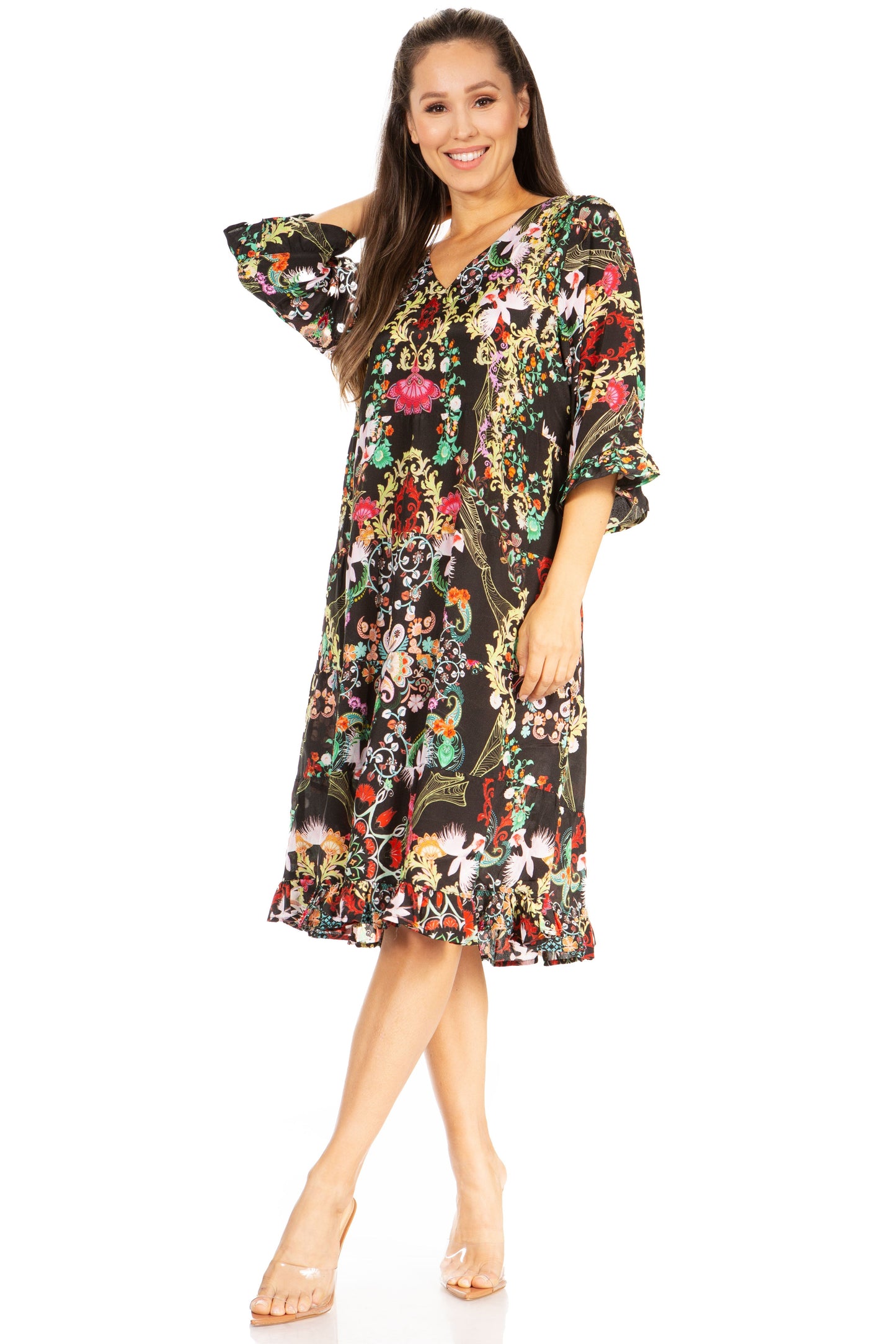 Sakkas Ozana Women's Floral Midi Cocktail Dress, V-Neck, 3/4 Sleeve - Concordia Style Boutique