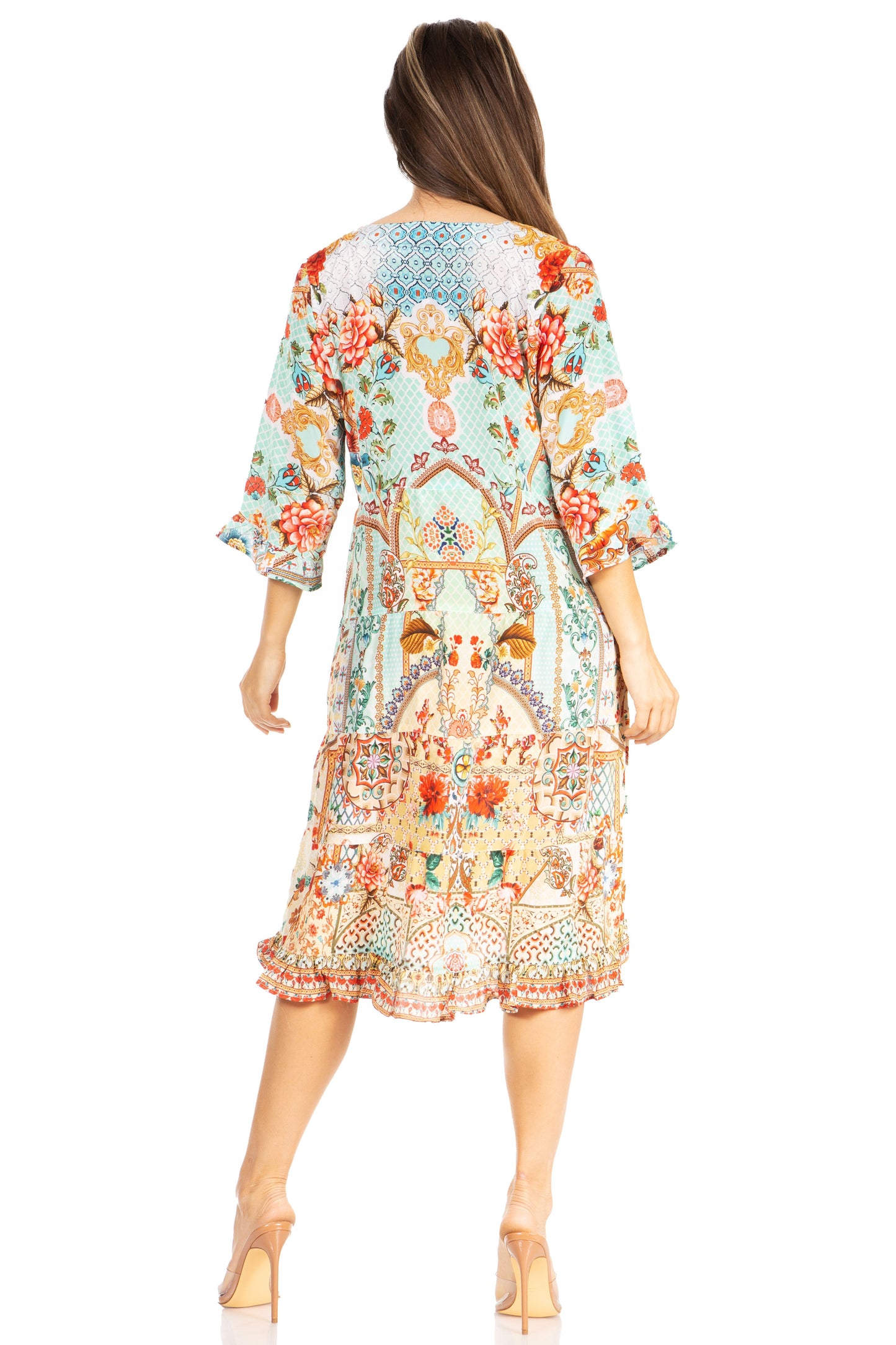 Sakkas Ozana Women's Floral Midi Cocktail Dress, V-Neck, 3/4 Sleeve - Concordia Style Boutique