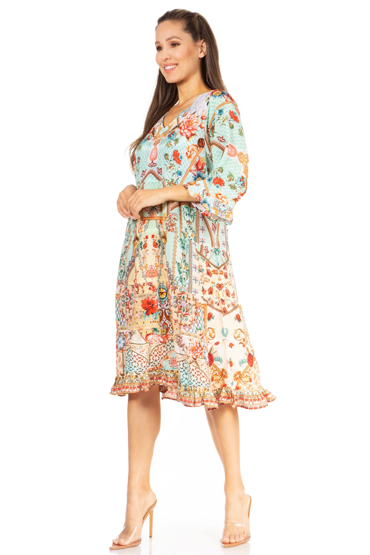 Sakkas Ozana Women's Floral Midi Cocktail Dress, V-Neck, 3/4 Sleeve - Concordia Style Boutique