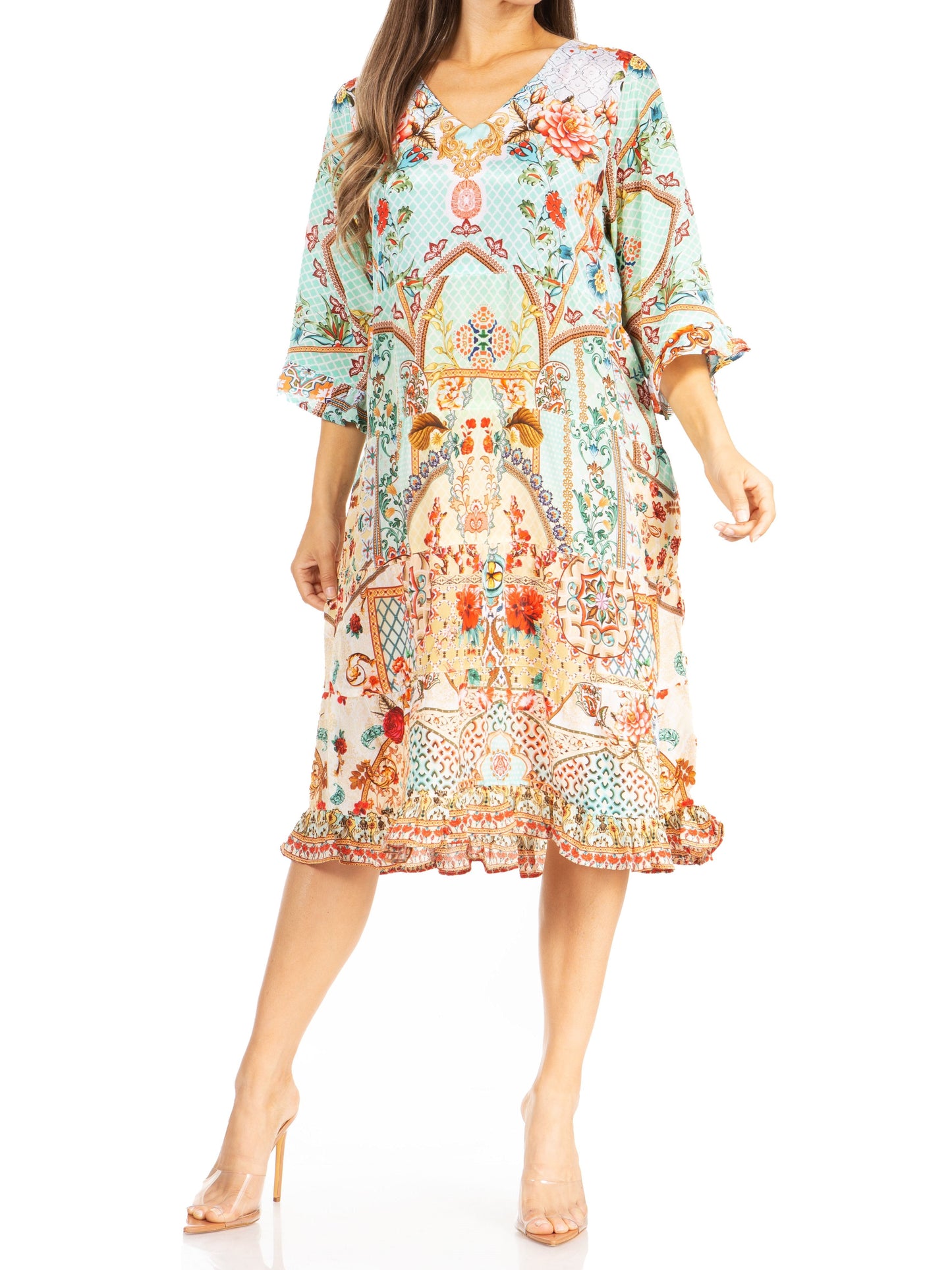 Sakkas Ozana Women's Floral Midi Cocktail Dress, V-Neck, 3/4 Sleeve - Concordia Style Boutique