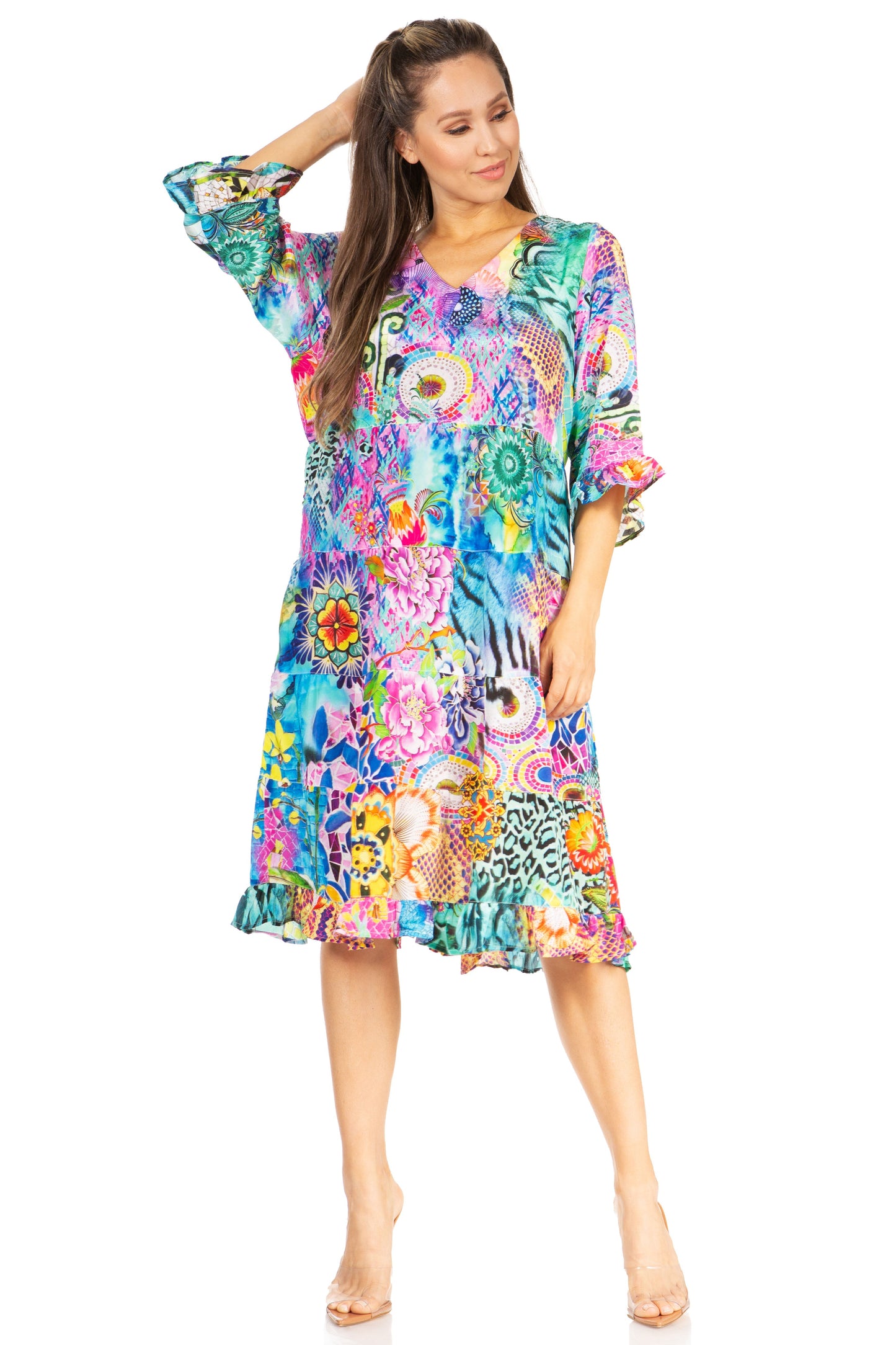 Sakkas Ozana Women's Floral Midi Cocktail Dress, V-Neck, 3/4 Sleeve - Concordia Style Boutique