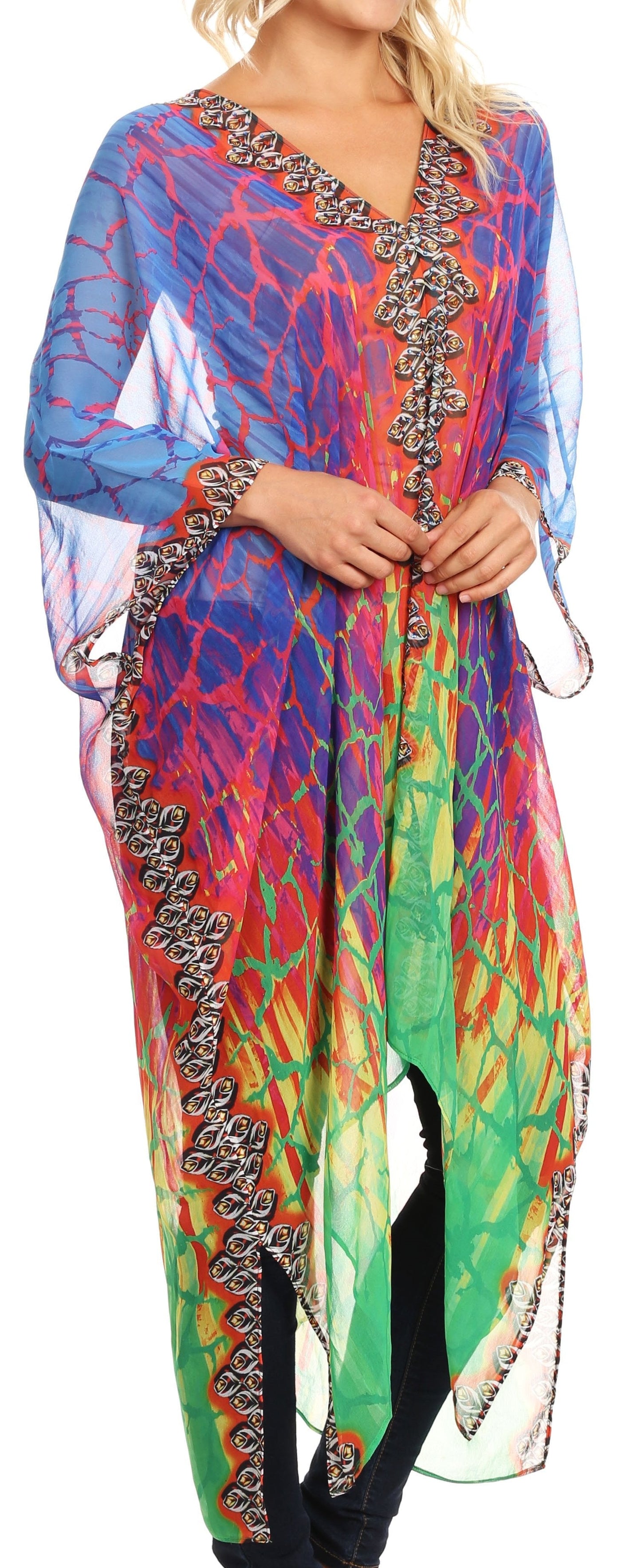 Sakkas Livi Women's V Neck Beach Dress Cover up Caftan Top Loose with Rhinestone - Concordia Style Boutique