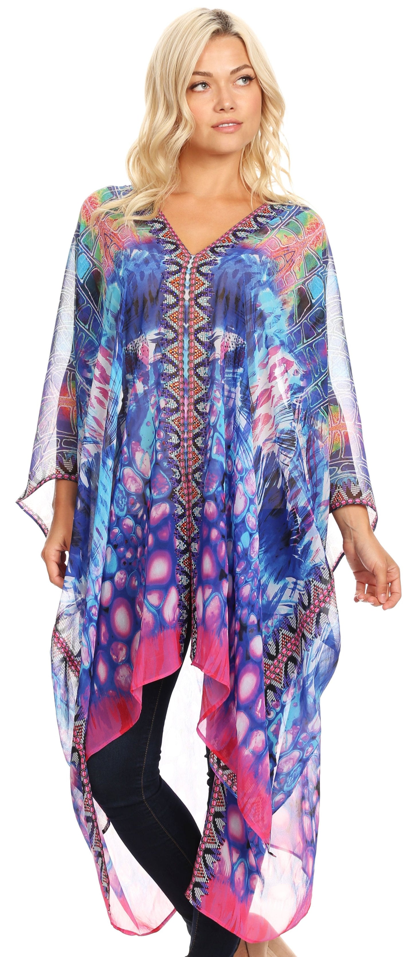 Sakkas Livi Women's V Neck Beach Dress Cover up Caftan Top Loose with Rhinestone - Concordia Style Boutique