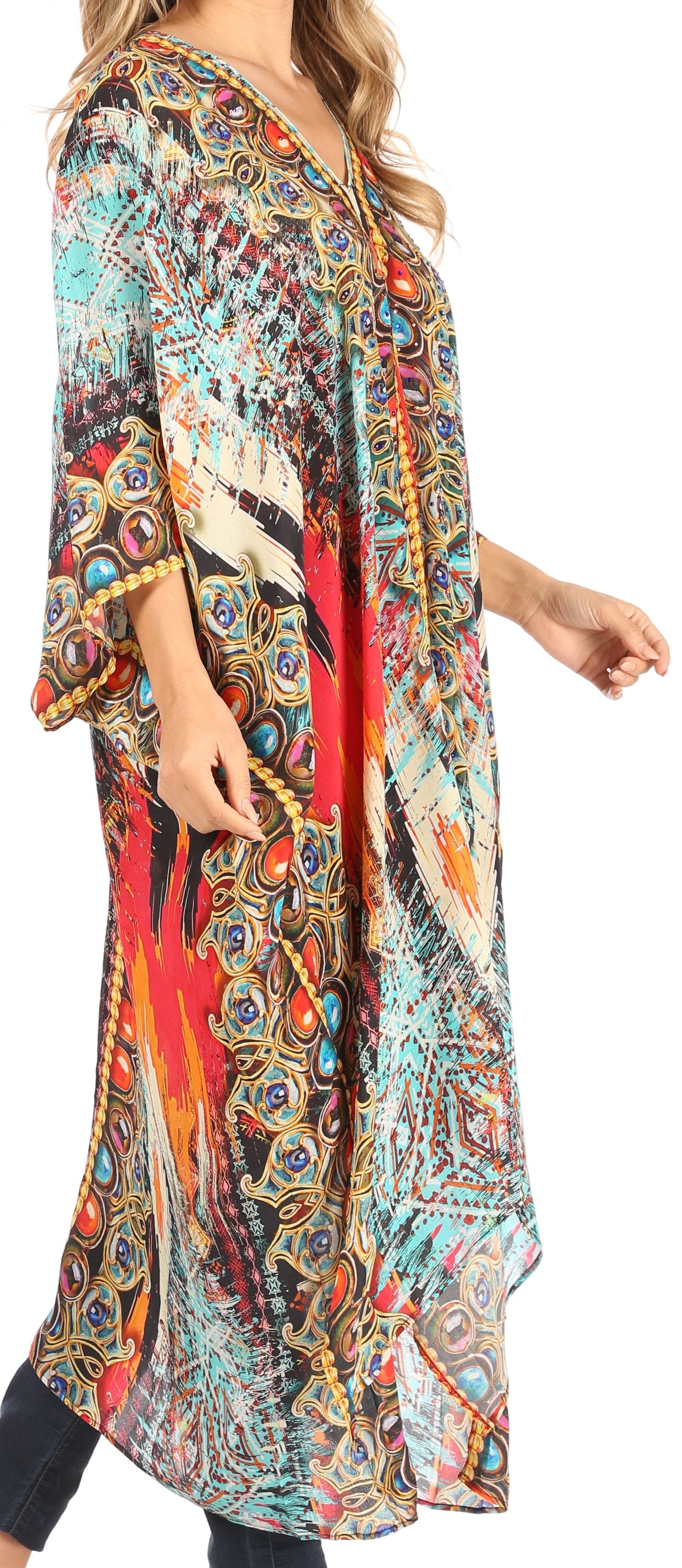 Sakkas Alvita Women's V Neck Beach Dress Top Caftan Cover up with Rhinestones - Concordia Style Boutique