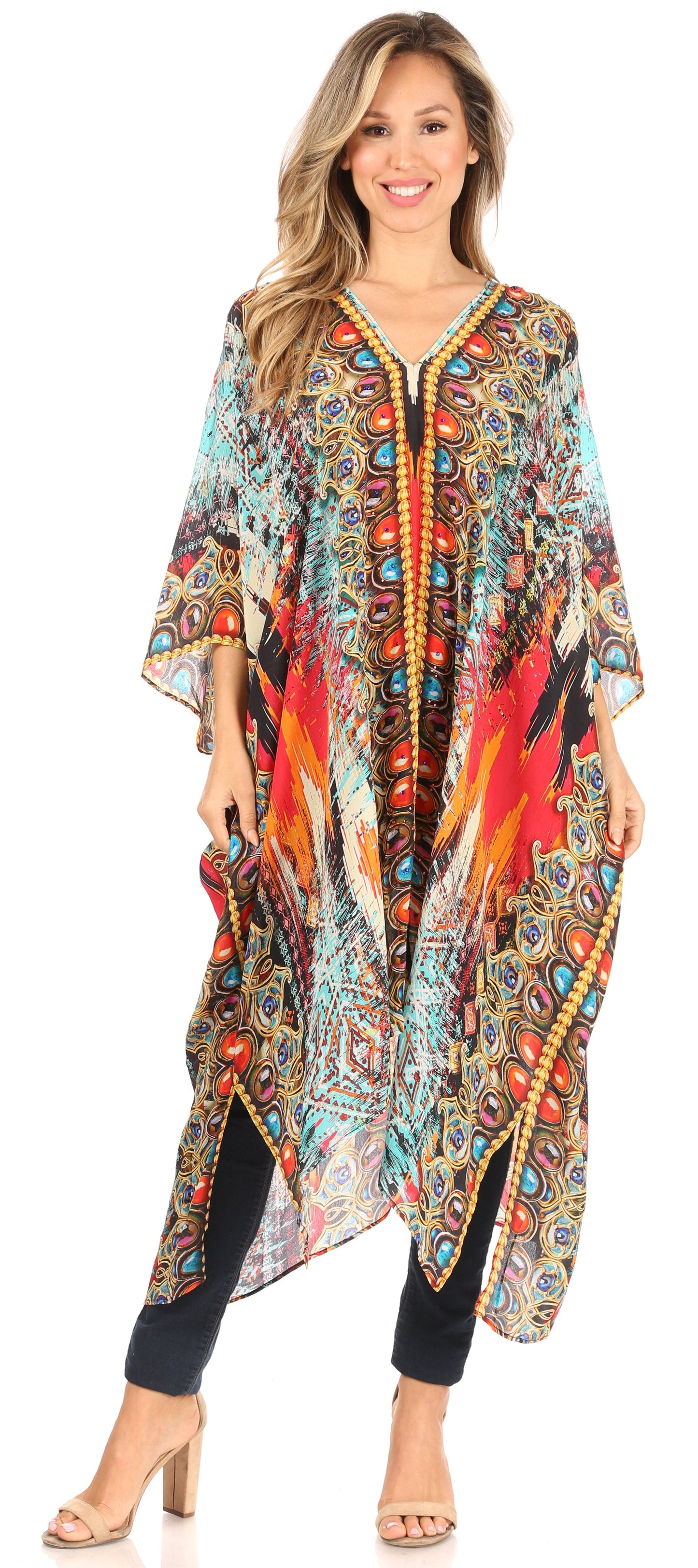 Sakkas Alvita Women's V Neck Beach Dress Top Caftan Cover up with Rhinestones - Concordia Style Boutique