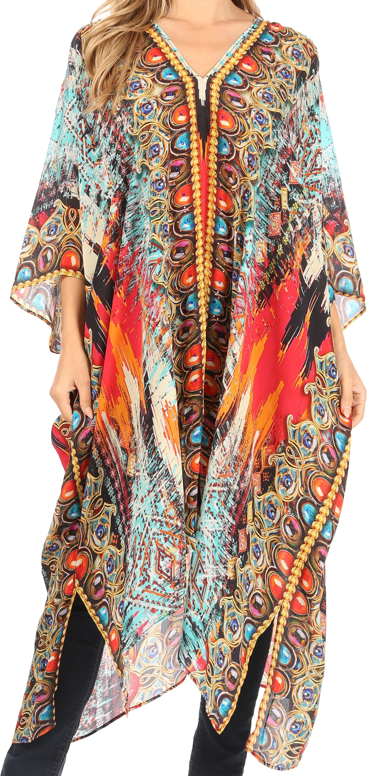 Sakkas Alvita Women's V Neck Beach Dress Top Caftan Cover up with Rhinestones - Concordia Style Boutique
