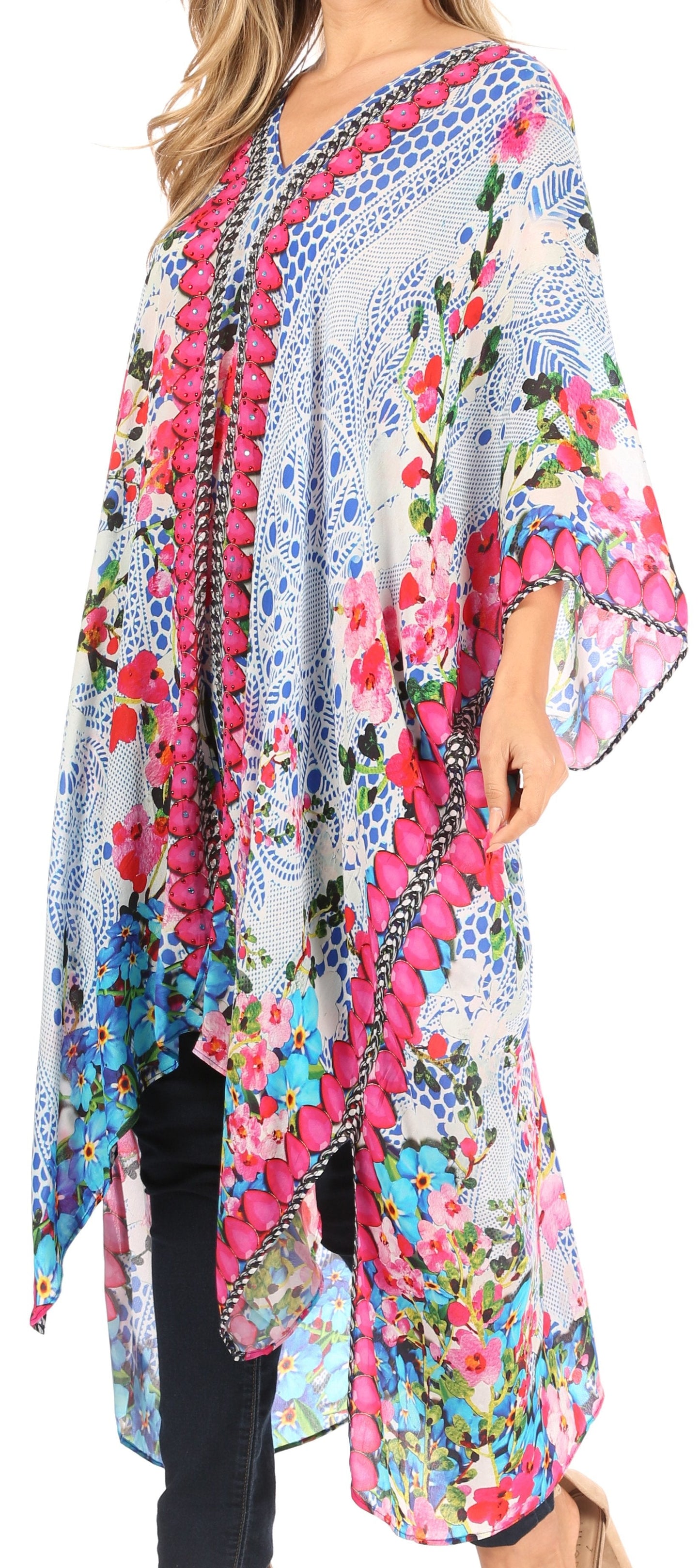 Sakkas Alvita Women's V Neck Beach Dress Top Caftan Cover up with Rhinestones - Concordia Style Boutique