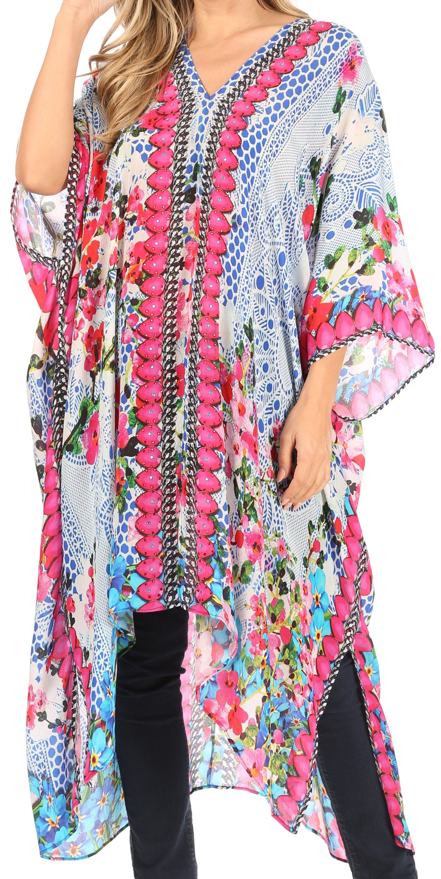 Sakkas Alvita Women's V Neck Beach Dress Top Caftan Cover up with Rhinestones - Concordia Style Boutique
