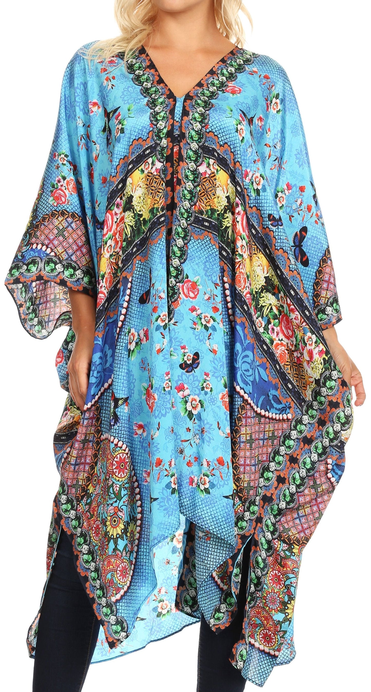 Sakkas Alvita Women's V Neck Beach Dress Top Caftan Cover up with Rhinestones - Concordia Style Boutique