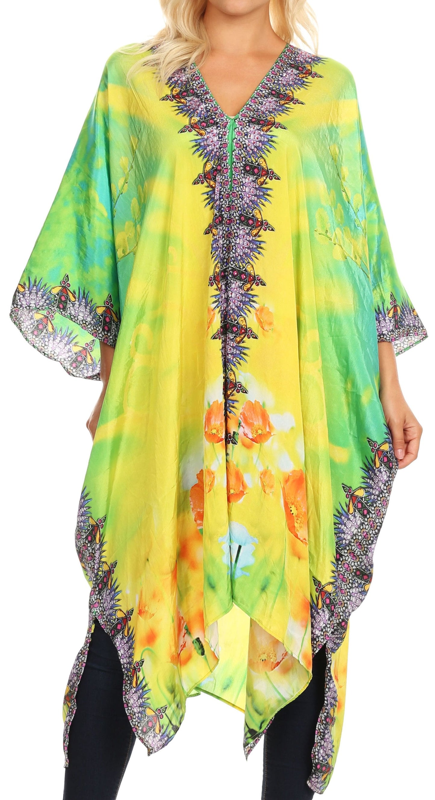 Sakkas Alvita Women's V Neck Beach Dress Top Caftan Cover up with Rhinestones - Concordia Style Boutique