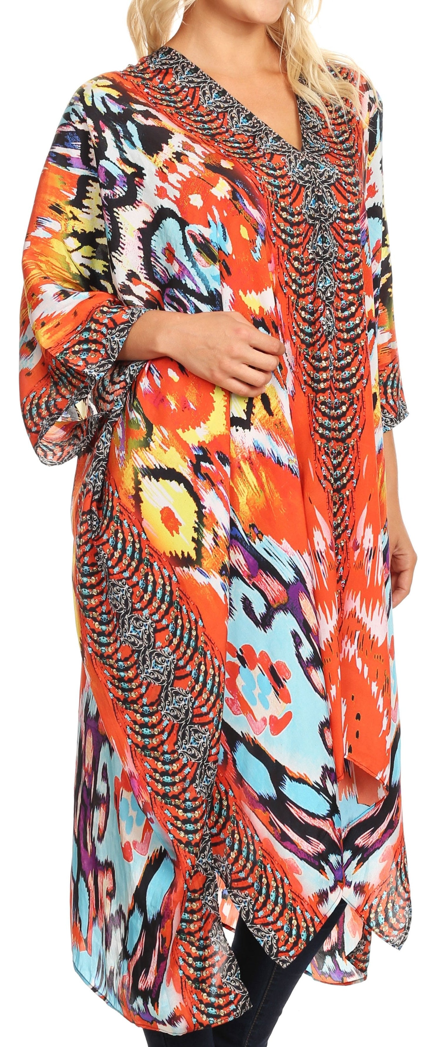 Sakkas Alvita Women's V Neck Beach Dress Top Caftan Cover up with Rhinestones - Concordia Style Boutique