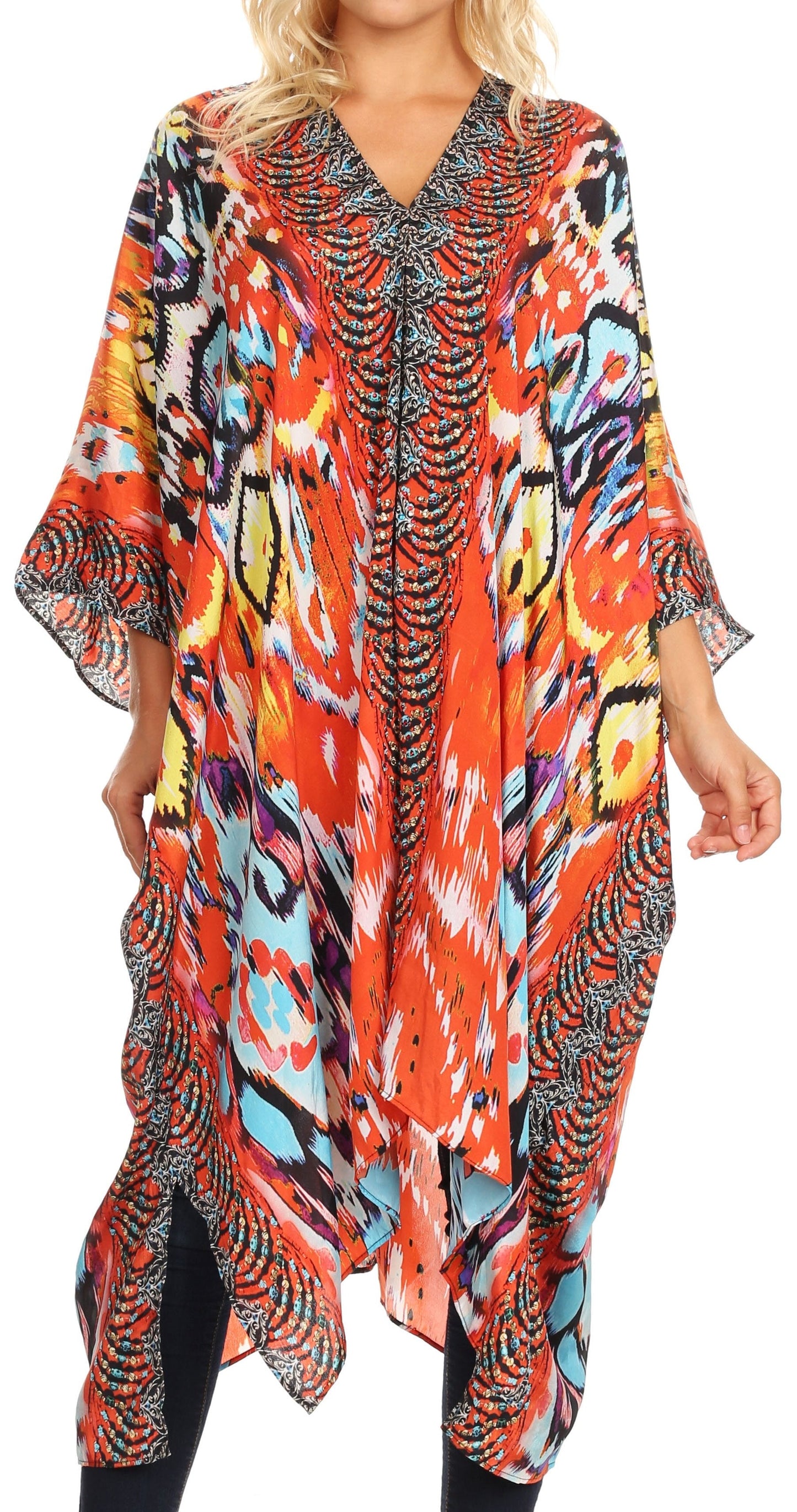Sakkas Alvita Women's V Neck Beach Dress Top Caftan Cover up with Rhinestones - Concordia Style Boutique