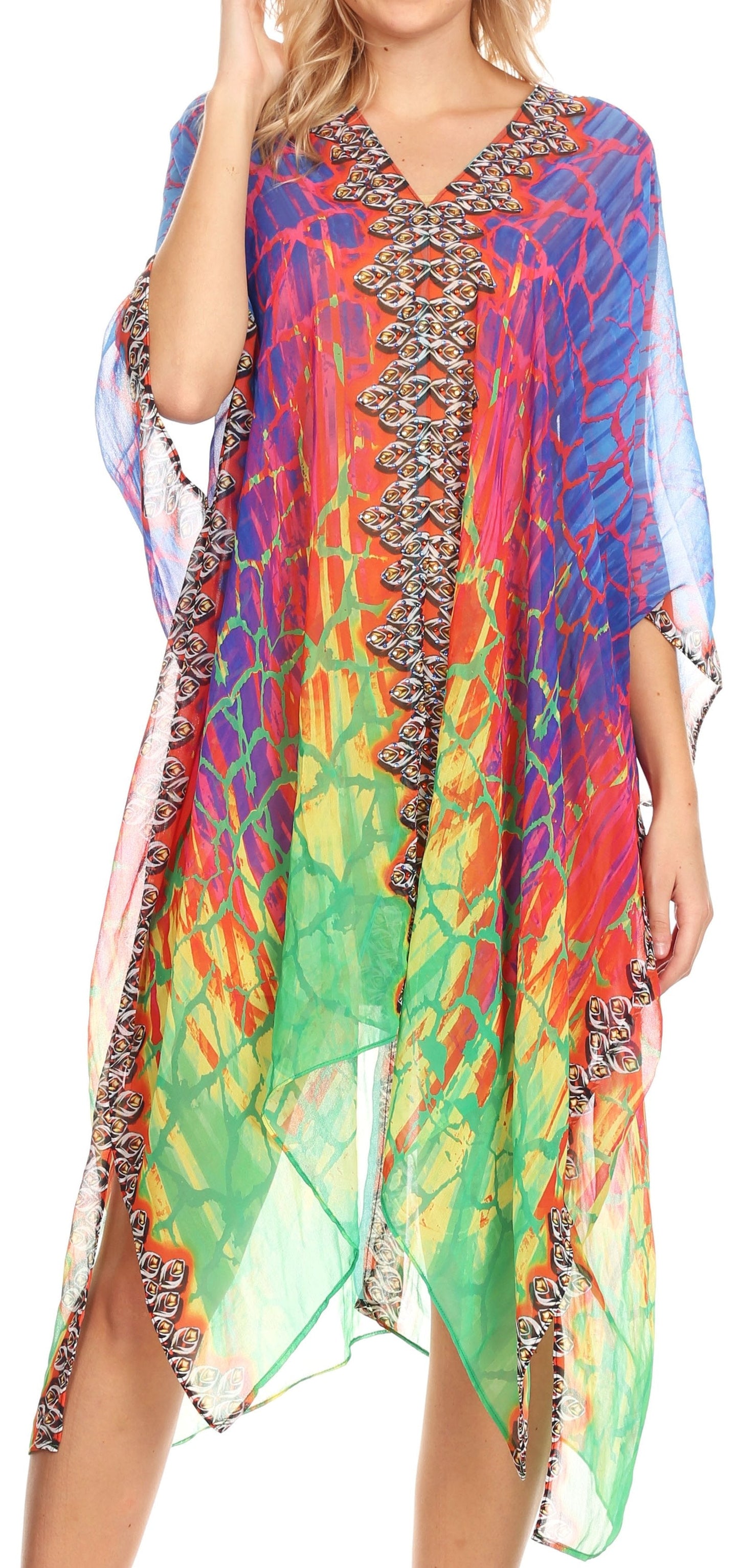 Sakkas Alvita Women's V Neck Beach Dress Top Caftan Cover up with Rhinestones - Concordia Style Boutique