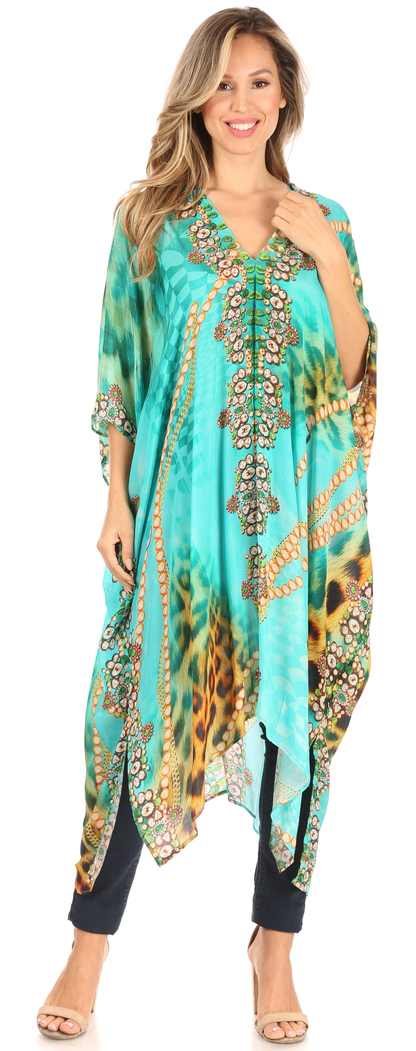 Sakkas Alvita Women's V Neck Beach Dress Top Caftan Cover up with Rhinestones - Concordia Style Boutique