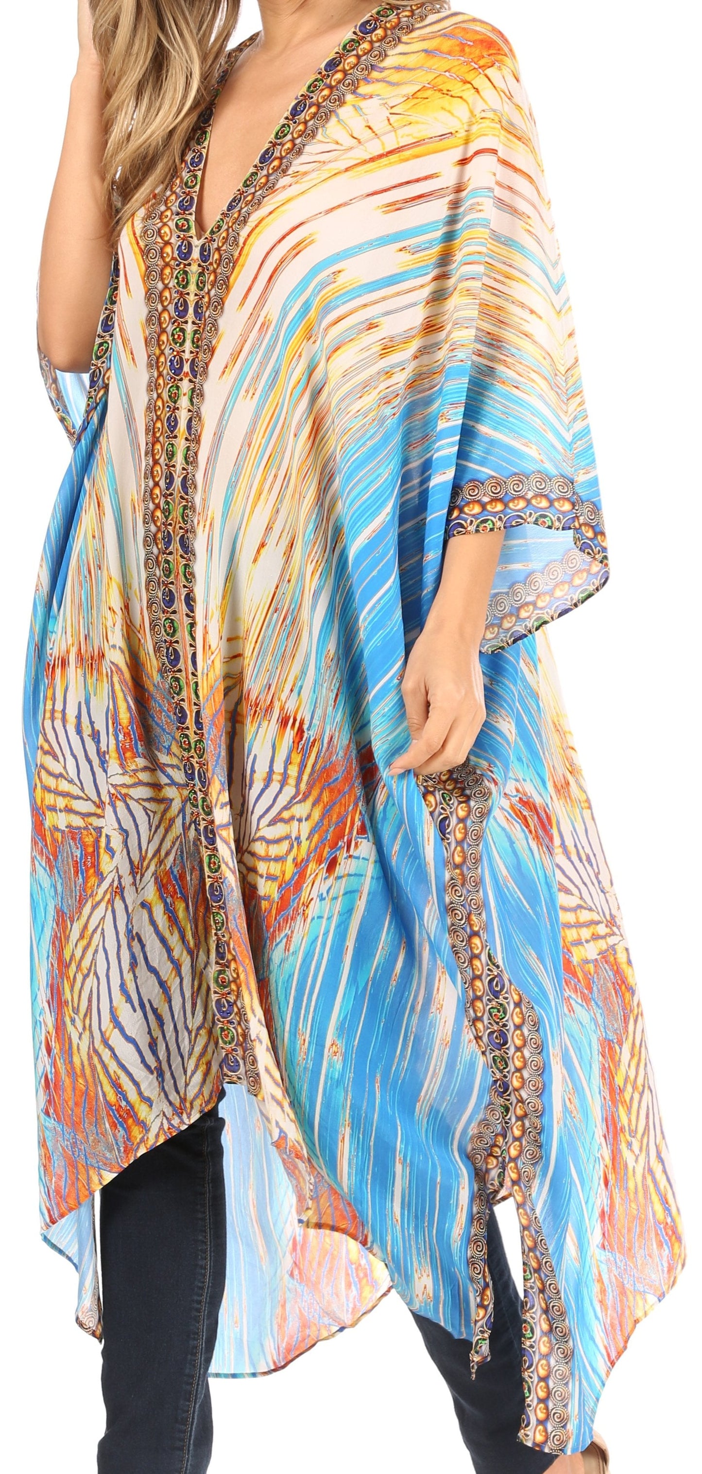 Sakkas Alvita Women's V Neck Beach Dress Top Caftan Cover up with Rhinestones - Concordia Style Boutique