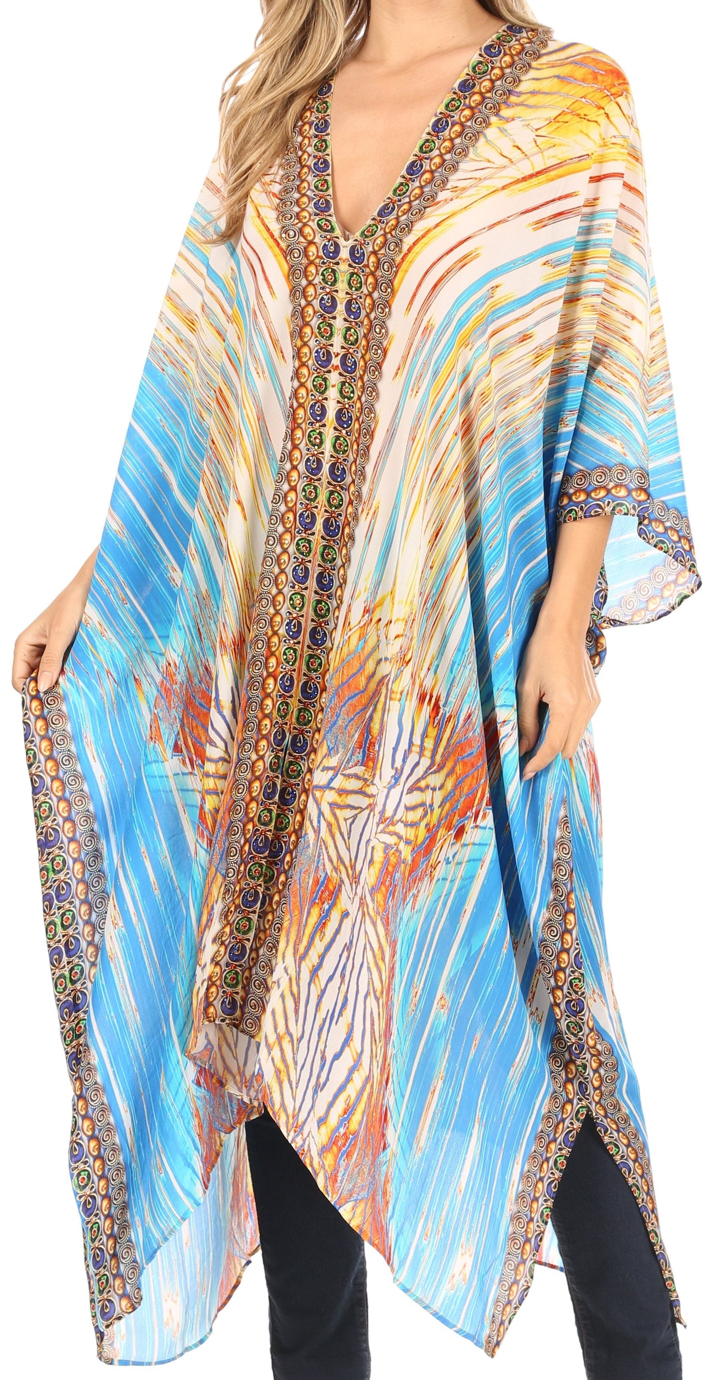 Sakkas Alvita Women's V Neck Beach Dress Top Caftan Cover up with Rhinestones - Concordia Style Boutique